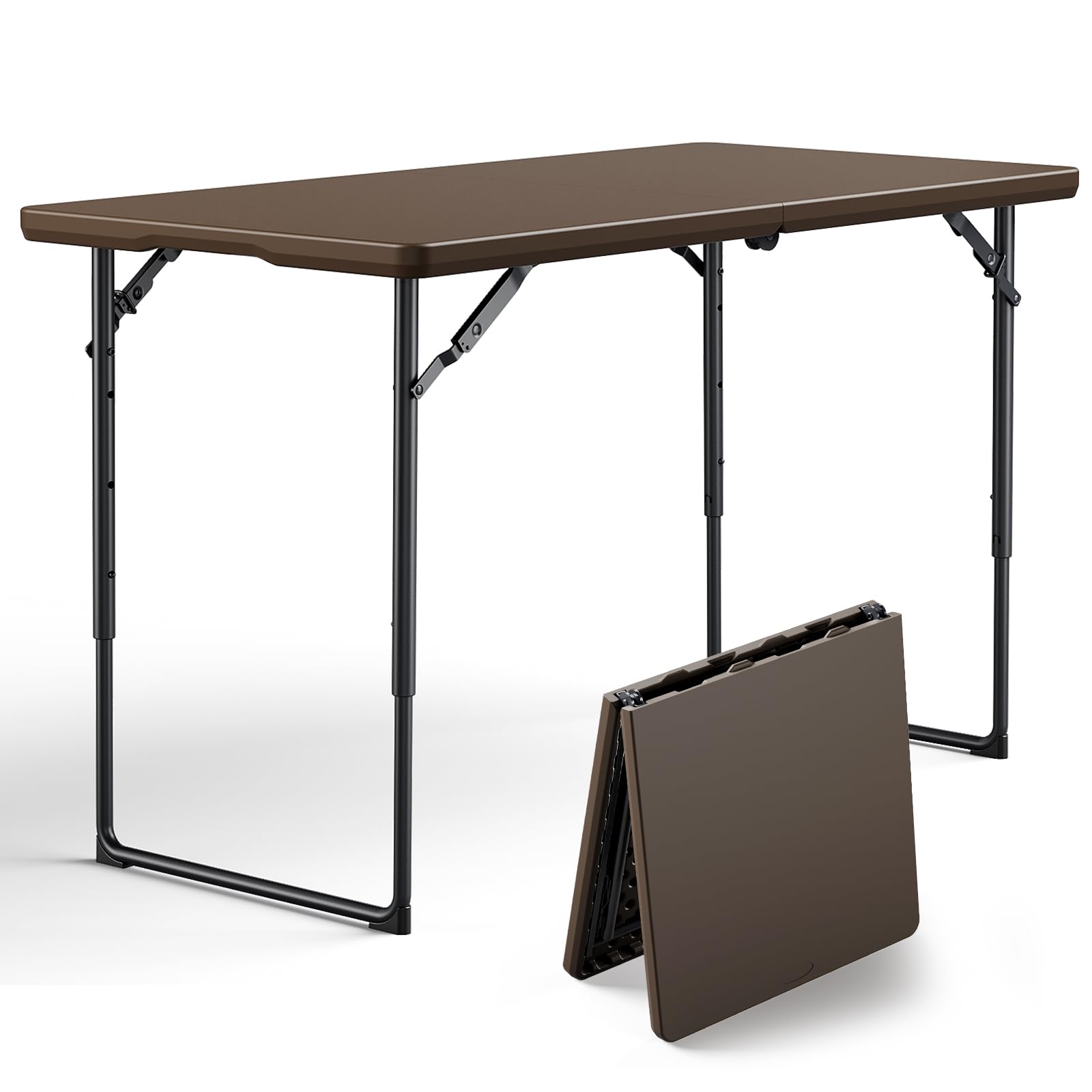 Folding Table, 4FT Foldable Picnic Table with Carrying Handle, Heavy Duty Fold-in-Half Portable Table for Weddings, Camping, RV Travel, Parties, BBQs, and Indoor Use, Easy to Fold and Store, Khaki