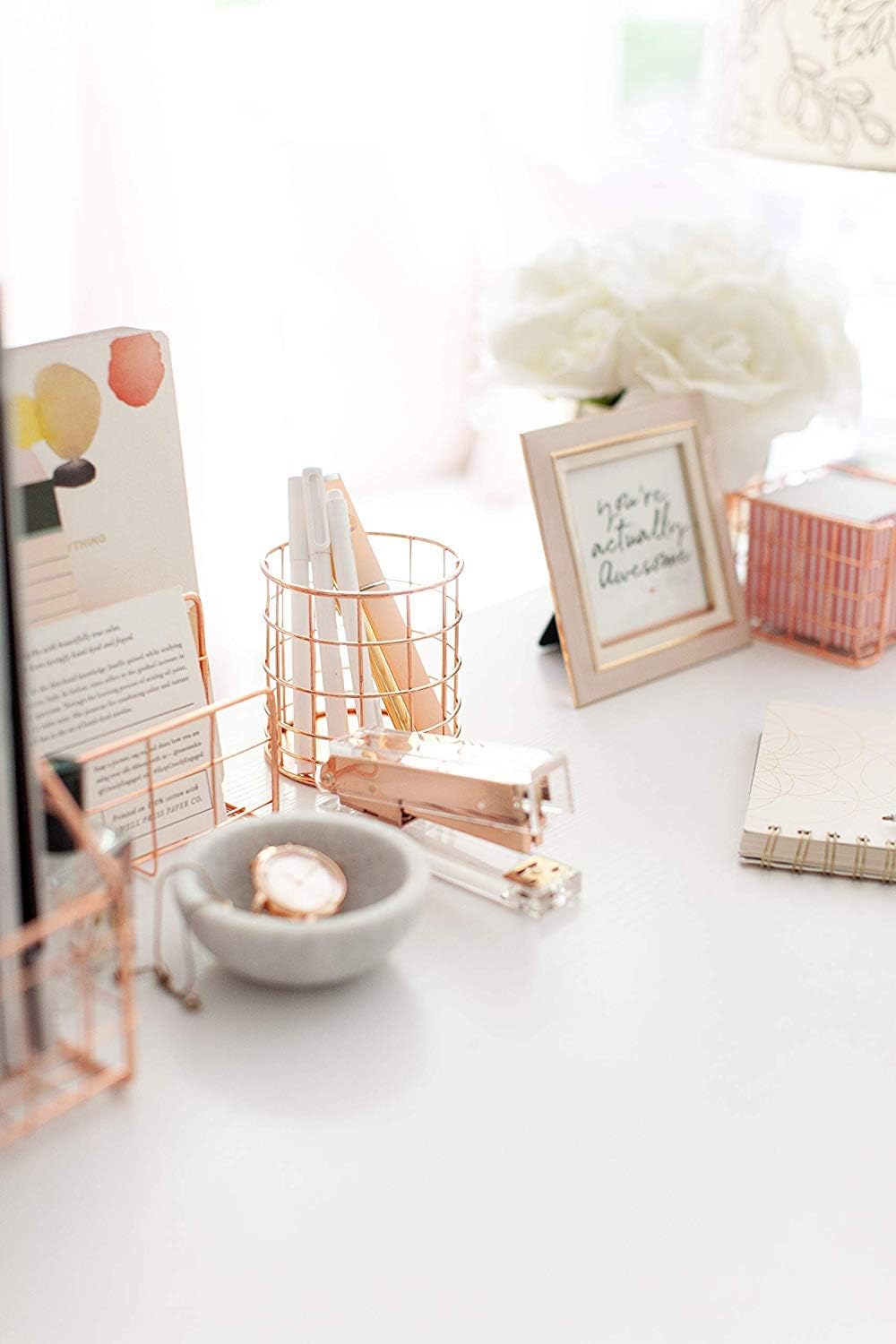 BLU MONACO | Rose Gold Desk Organizer Set 5 Piece | Mail Sorter Organizer Countertop with Letter Sorter for Desk | Standing File Organizer for Desk with Mesh Pen Holders