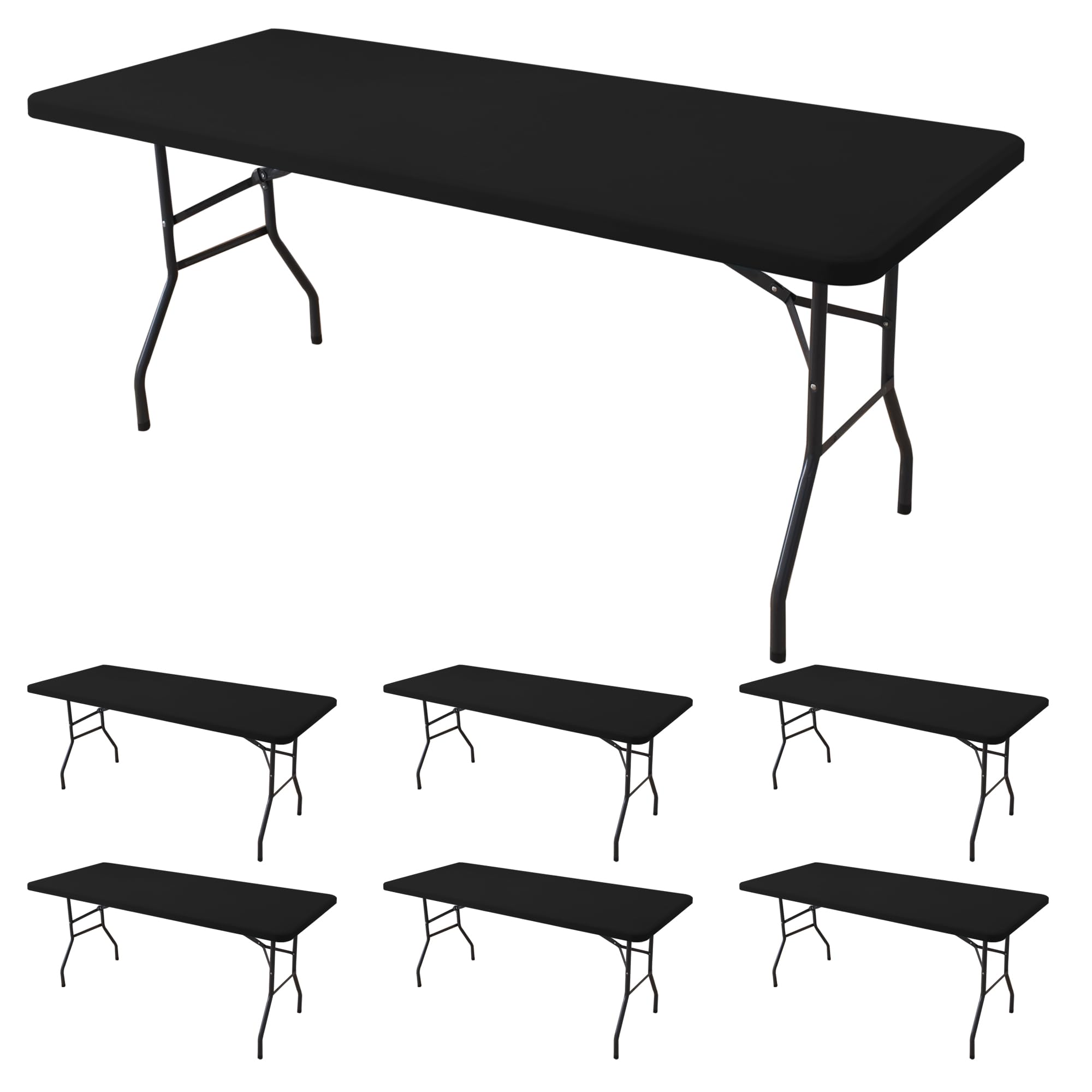 Fitted Tablecloth for 6 Foot Rectangle Tables-6 Pack Black Elastic Outdoor Picnic Table Cover-Spandex Stretch Folding Table Cloths 6 ft for Camping Dining Room Patio Kitchen Banquet Party