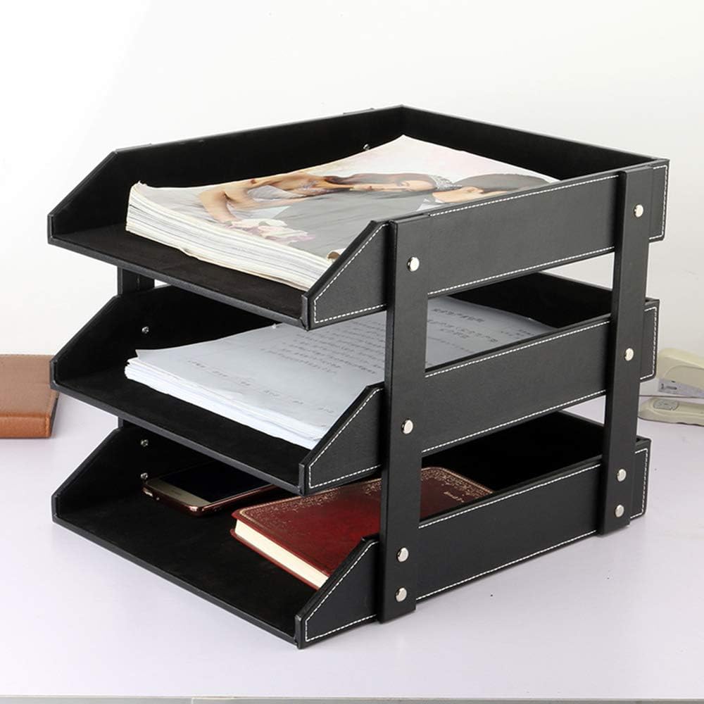 Leather Desk File Organizer, 3-Layer Stackable Tray, Used to Store documents, folders, Stationery, Magazines, Newspapers, Letters, and Other Home Office Sundries Desktop Organization Holder(Black)…
