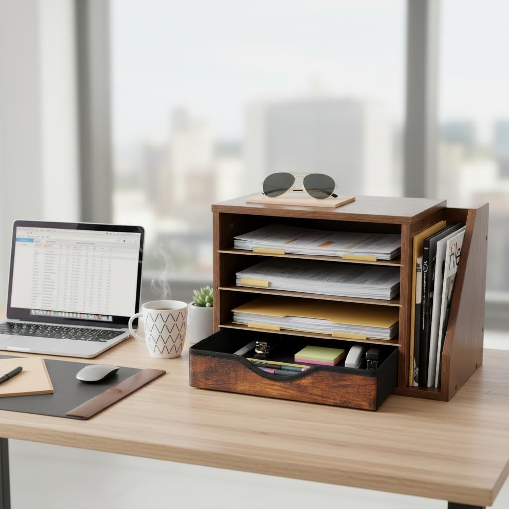 Wooden Desk Organizer with Drawers, 4 Tier Office Organizer and Accessories, Paper File Mail Organizer, Brown