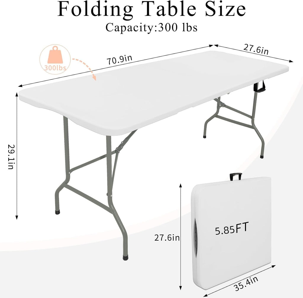 Set of 2 Folding Tables with Carrying Handle Lightweight Rectangular Portable Plastic Camping Table Steel Legs for Party, Dining, Wedding, Events, Picnic Indoor, Outdoor (5.85FT, White)