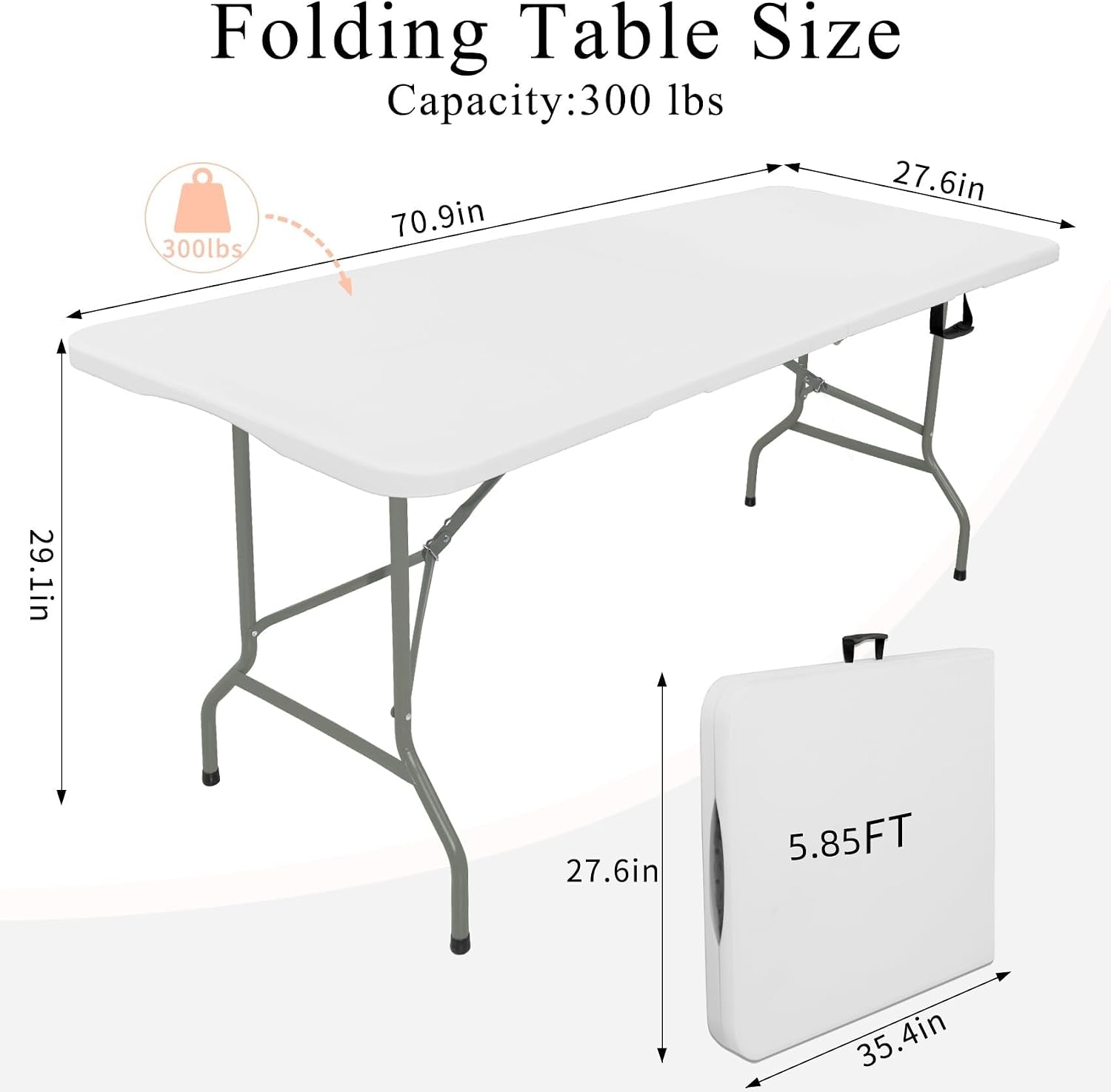Set of 2 Folding Tables with Carrying Handle Lightweight Rectangular Portable Plastic Camping Table Steel Legs for Party, Dining, Wedding, Events, Picnic Indoor, Outdoor (5.85FT, White)