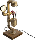 Industrial Steampunk LED Desk Lamp Kangaroo with Pen Holder Organizer, Wood Base with Iron Piping Loft Style Vintage Antique Light, Retro Desk Lamp