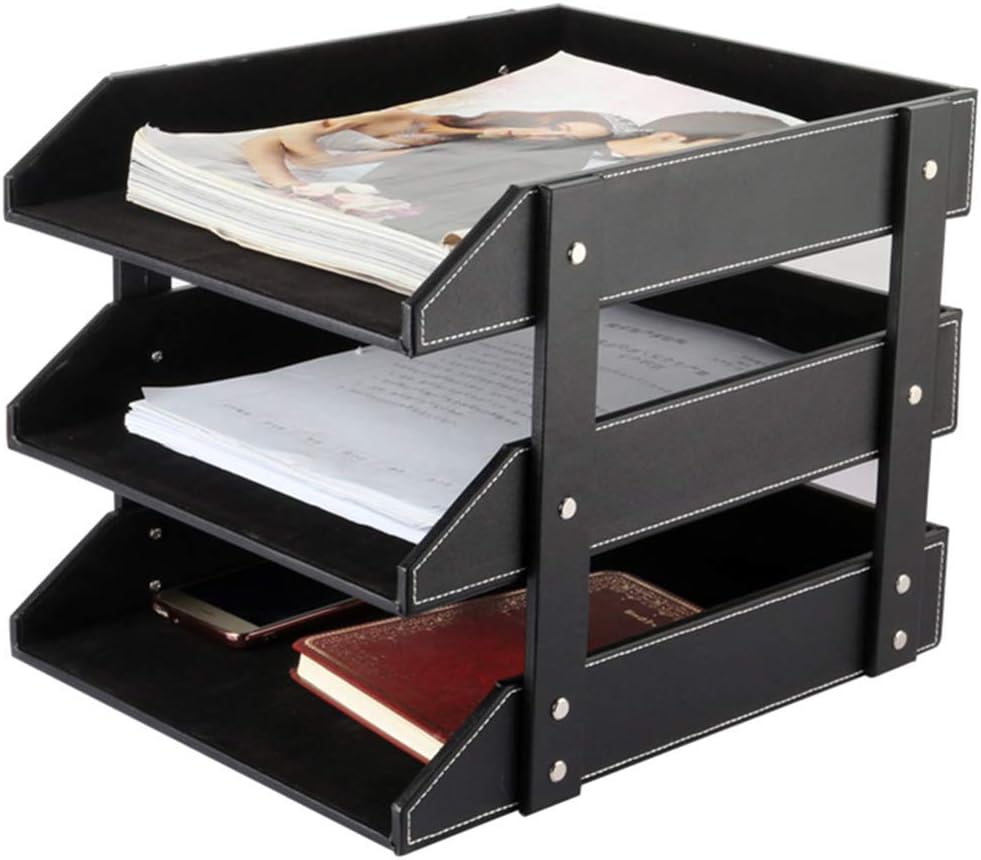 Leather Desk File Organizer, 3-Layer Stackable Tray, Used to Store documents, folders, Stationery, Magazines, Newspapers, Letters, and Other Home Office Sundries Desktop Organization Holder(Black)…