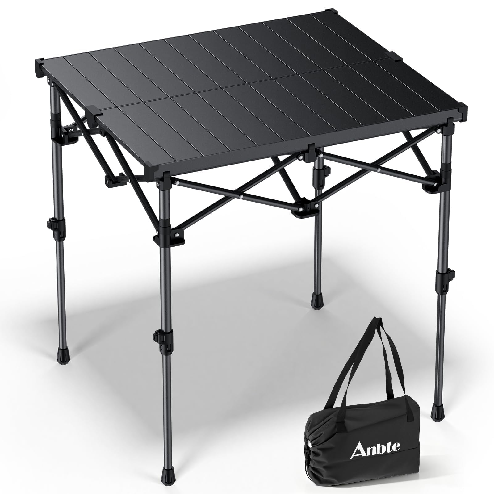 Anbte 3ft Aluminum Roll Top Camping Table, 2 Adjustable Height Camping Table Folding with Storage Net & Bag Lightweight Roll Up Table for Tailgate Outdoor Backyard BBQ Patio Picnic, 32.2” X 16”, Black