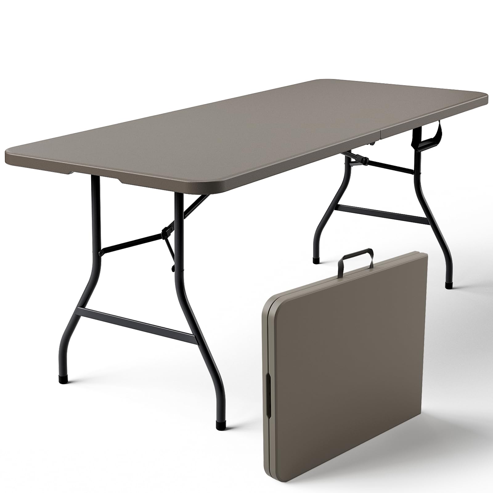 Folding Table, 4FT Foldable Picnic Table with Carrying Handle, Heavy Duty Fold-in-Half Portable Table for Weddings, Camping, RV Travel, Parties, BBQs, and Indoor Use, Easy to Fold and Store, Khaki