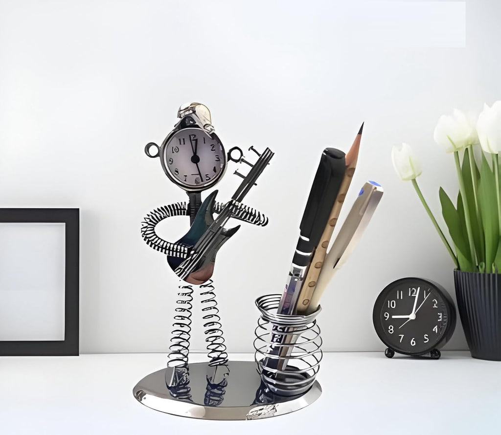 Antique Metal Pen Stand with Clock | Pen-Pencil Holder for Study Table, Office table, Home - Stylish Desk Organizer Decor Piece (Guitar)