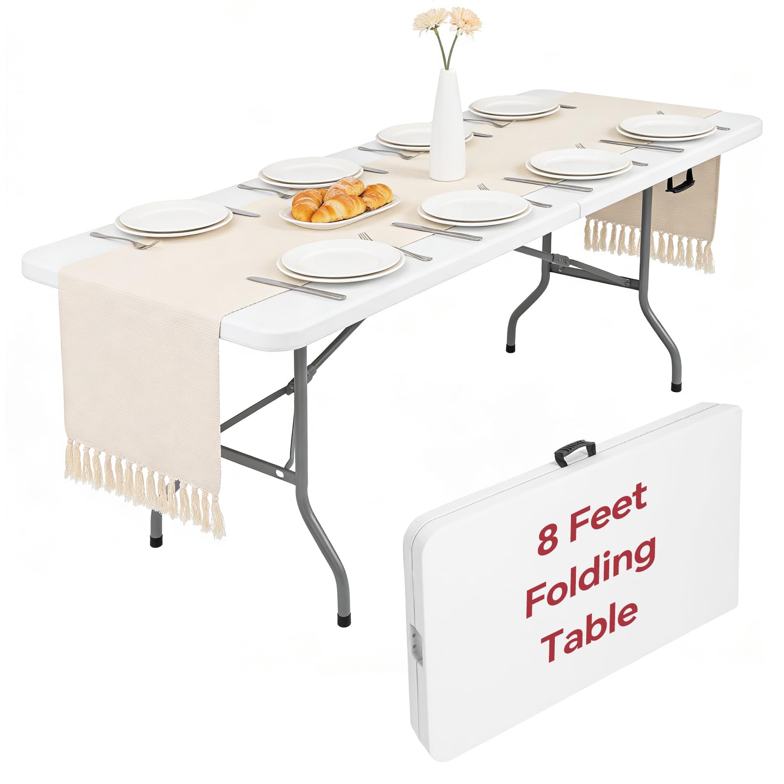 Folding Camping Table 4 Foot Adjustable Height 350lbs, 4FT Folding Picnic Card Table for Outdoor, Plastic Rectangular Dining Work Tables for Indoor, Heavy Duty Fold-in-Half Tray Tables