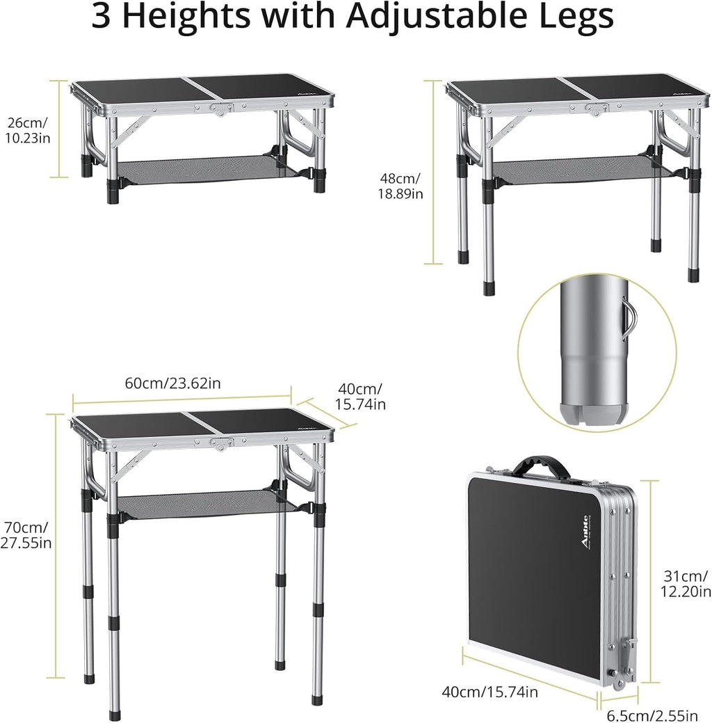 Anbte Folding Camping Table, Aluminum 24" x 16" Adjustable Height Small Folding Table with Carrying Handle, Lightweight, Portable Camping Table Waterproof for Outdoor Indoor Picnic Beach BBQ (Black)