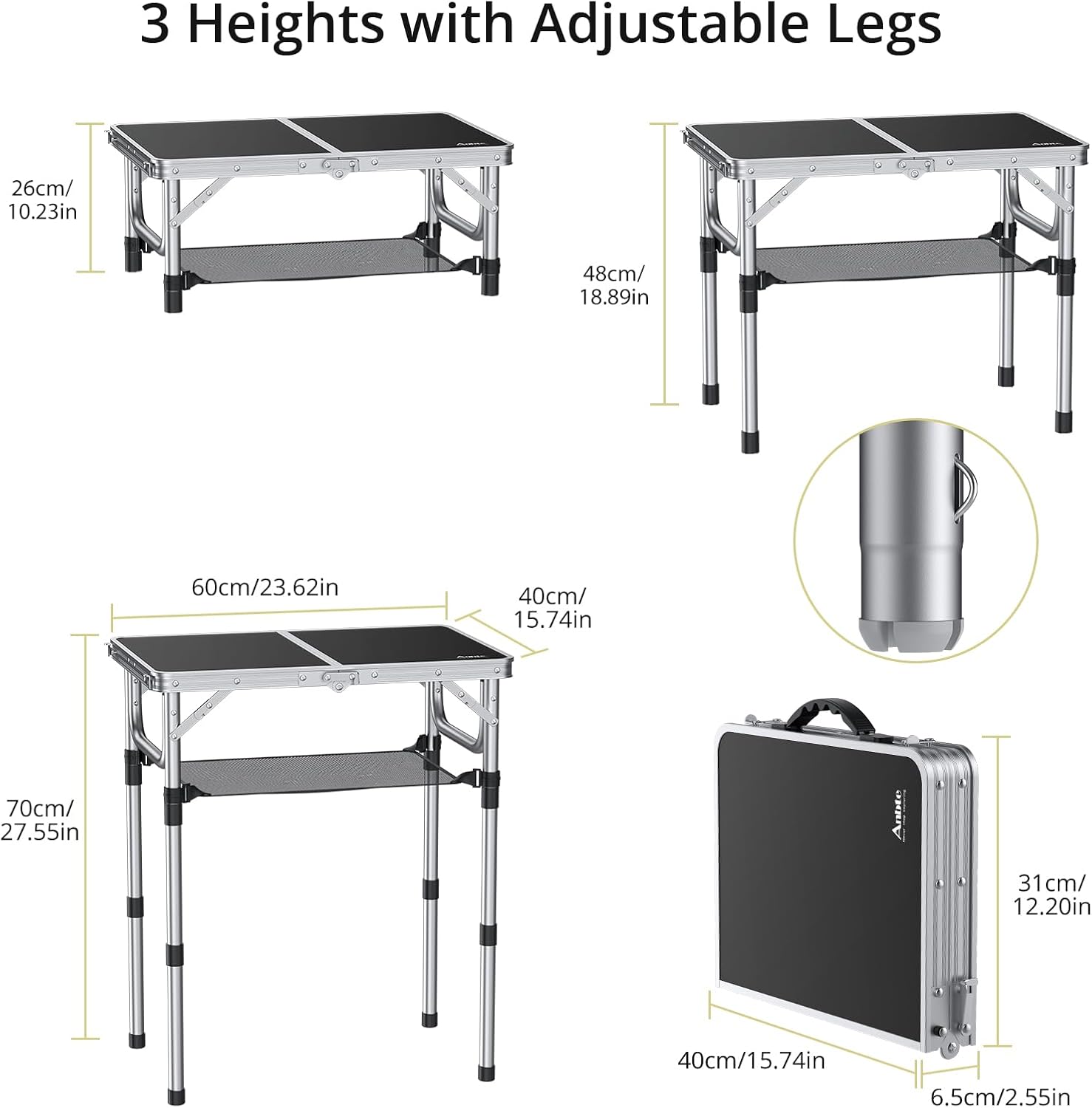 Anbte Folding Camping Table, Aluminum 24" x 16" Adjustable Height Small Folding Table with Carrying Handle, Lightweight, Portable Camping Table Waterproof for Outdoor Indoor Picnic Beach BBQ (Black)