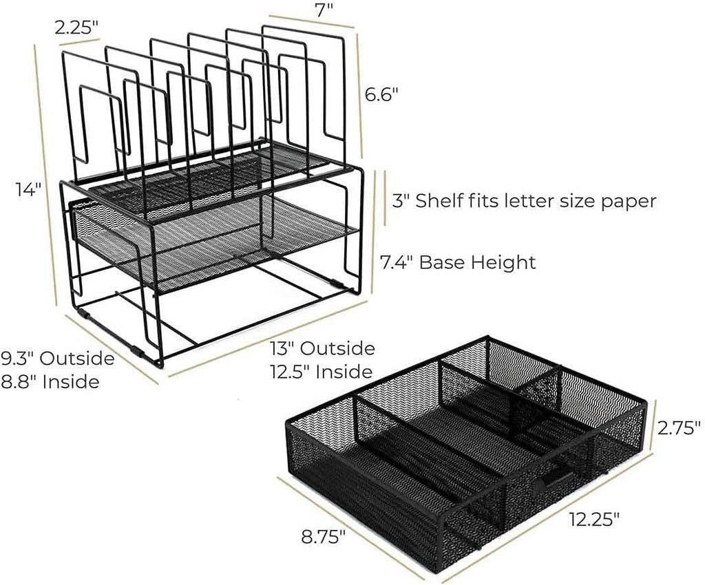 BLU MONACO | Black Wire Mesh Desk Organizer with Drawer | Desk Associates Women Office Set | File Sorters and Mesh Pen Holders Desktop Storage System