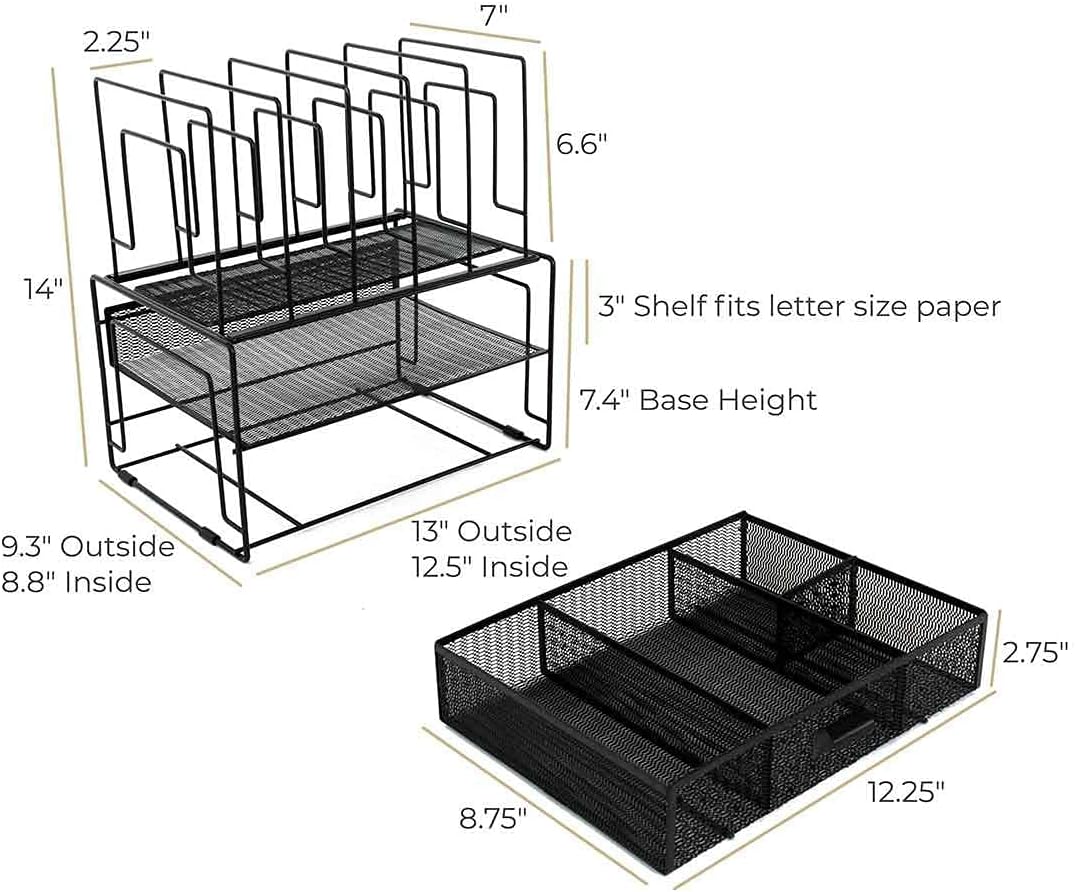 BLU MONACO | Black Wire Mesh Desk Organizer with Drawer | Desk Associates Women Office Set | File Sorters and Mesh Pen Holders Desktop Storage System