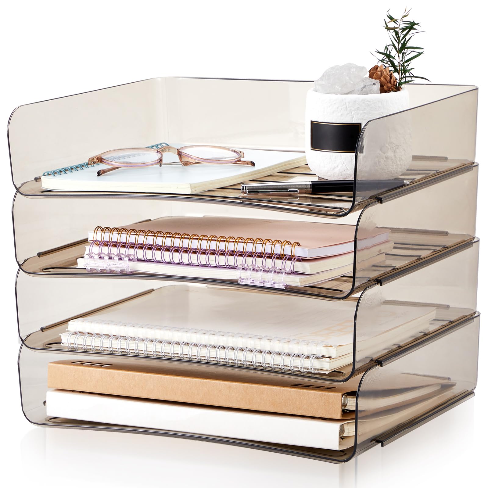 Harloon 4 Tier Paper Organizer Letter Tray Acrylic Desk File Organizer Heavy Duty Stackable Documents Clear Letter Paper Holder Sorter Office Tray for A4, Office Classroom Home File Pad Notebooks