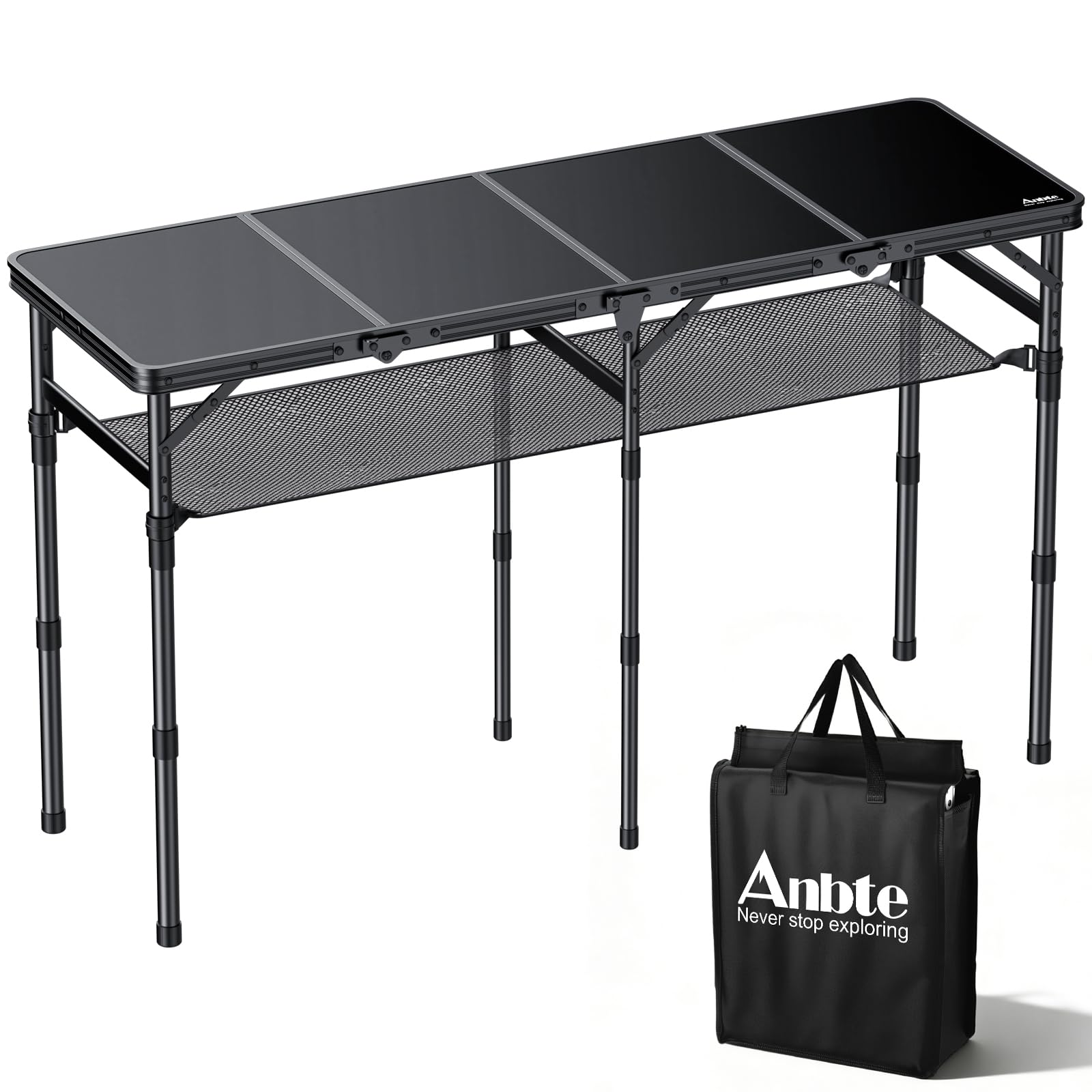 Anbte Folding Camping Table, 36" x 24" Portable Table Adjustable Height Max 28 inch Aluminum Folding Table with Storage Net, Lightweight, Portable Handle for Travel, Outdoor, Backyard (Black)