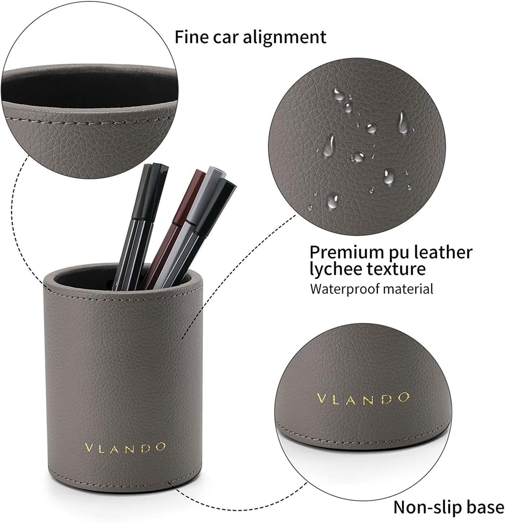 VLANDO Office Desk Organizer Leather Desktop Organizer Caddy with Drawer for Storing Desktop Supplies and Accessories (Grey Set)