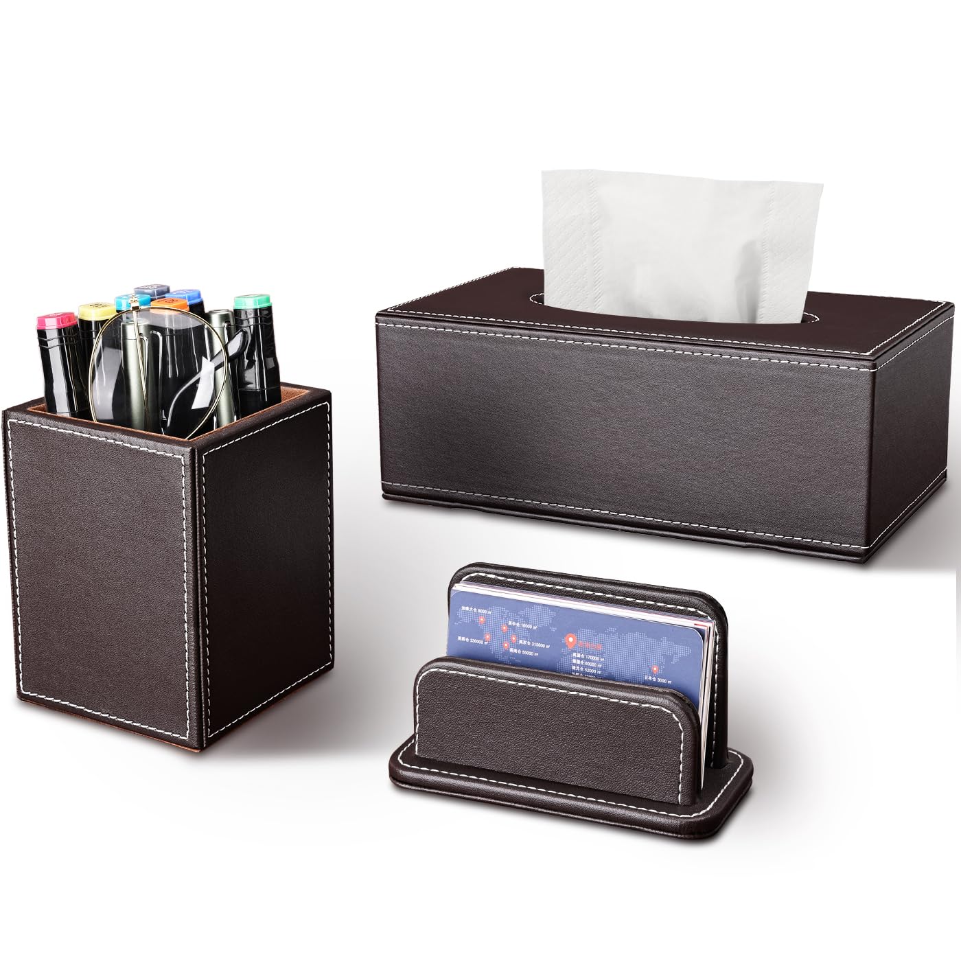KINGFOM 5PCS Desk Organizer and Accessories Set, Pu Leather Office Supplies with Multifunction Desktop Organizer Storage Box, Tissue Holder, Mouse Pad, Note Paper Holder, Pencil Holder for Desk Black