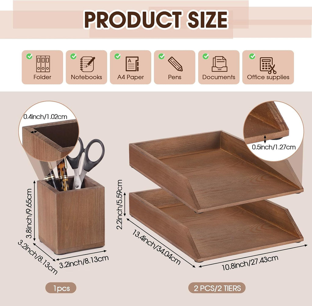 Nuanchu 2 Pcs Wooden Letter Trays with Pen Holder Wood Desk Organizer Set Heavy Duty 2 Tier Brown Stackable Supports Letter-Size Paper Tray Desktop Drawer Pen Magazine File Folder Office Accessories