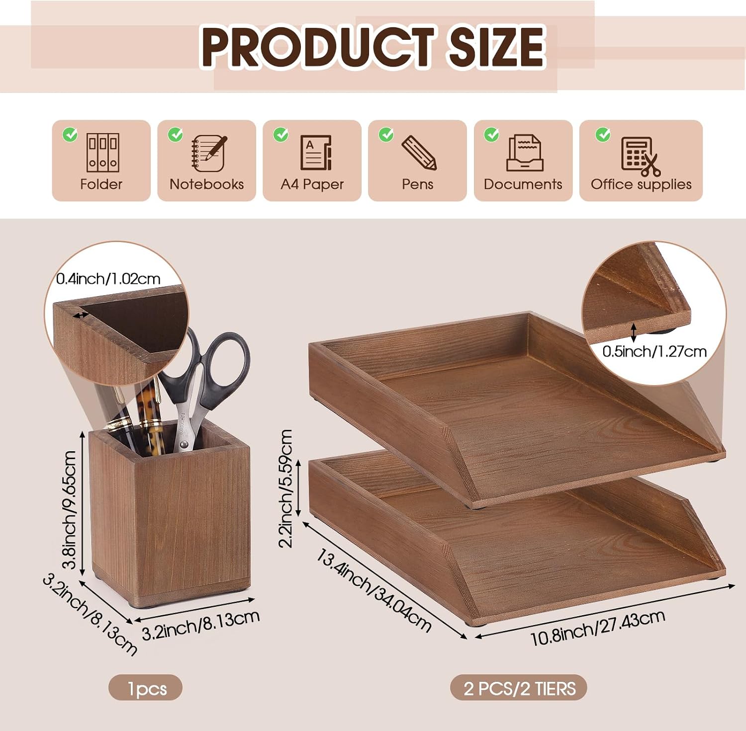 Nuanchu 2 Pcs Wooden Letter Trays with Pen Holder Wood Desk Organizer Set Heavy Duty 2 Tier Brown Stackable Supports Letter-Size Paper Tray Desktop Drawer Pen Magazine File Folder Office Accessories