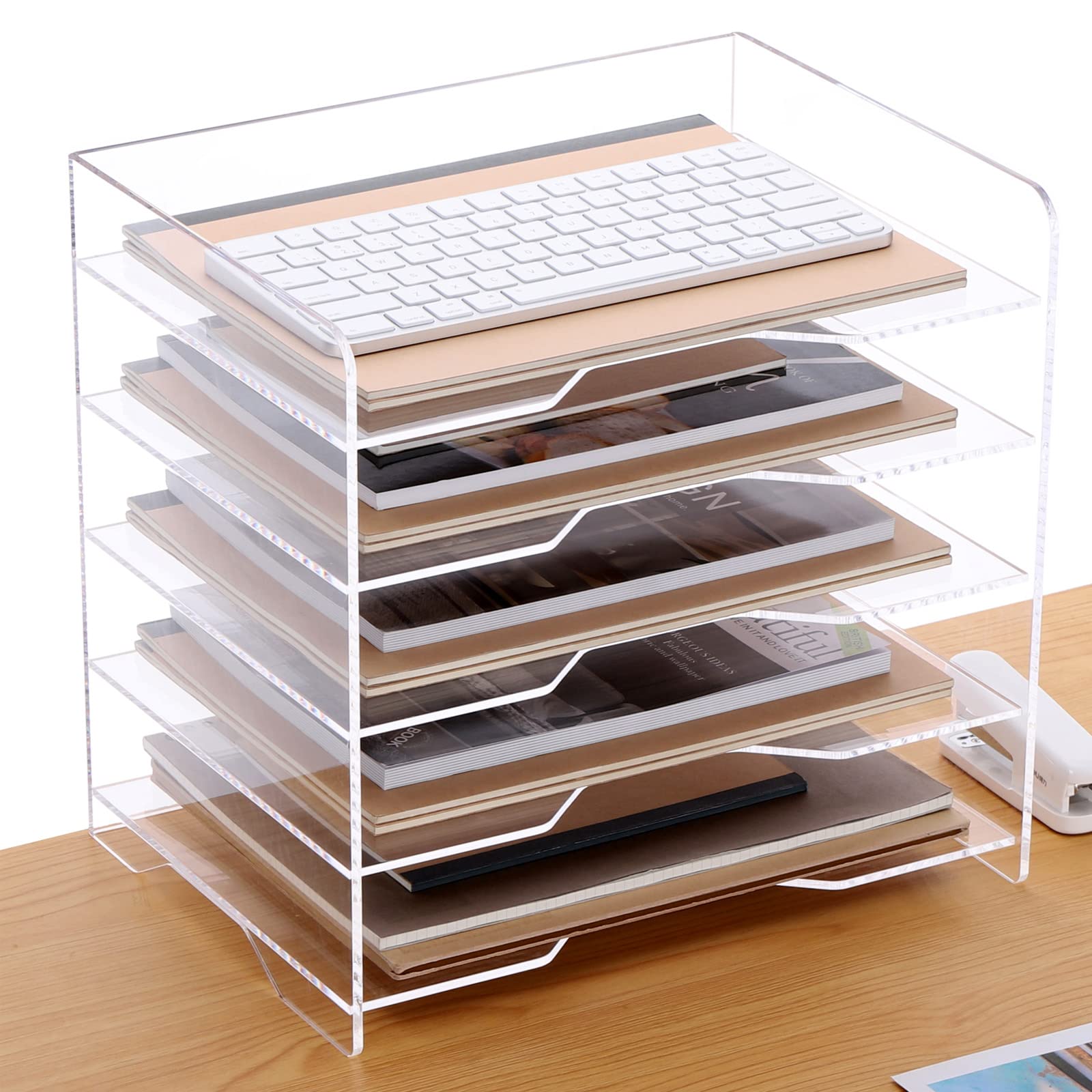 SANRUI 4 Tier Stackable Paper Letter Tray, Acrylic Vertical File Tray A4 Desk Organizer and Accessories Sorter Trays, Clear Workspace Office Supplies Organizers,12inx9.25inx6.6in