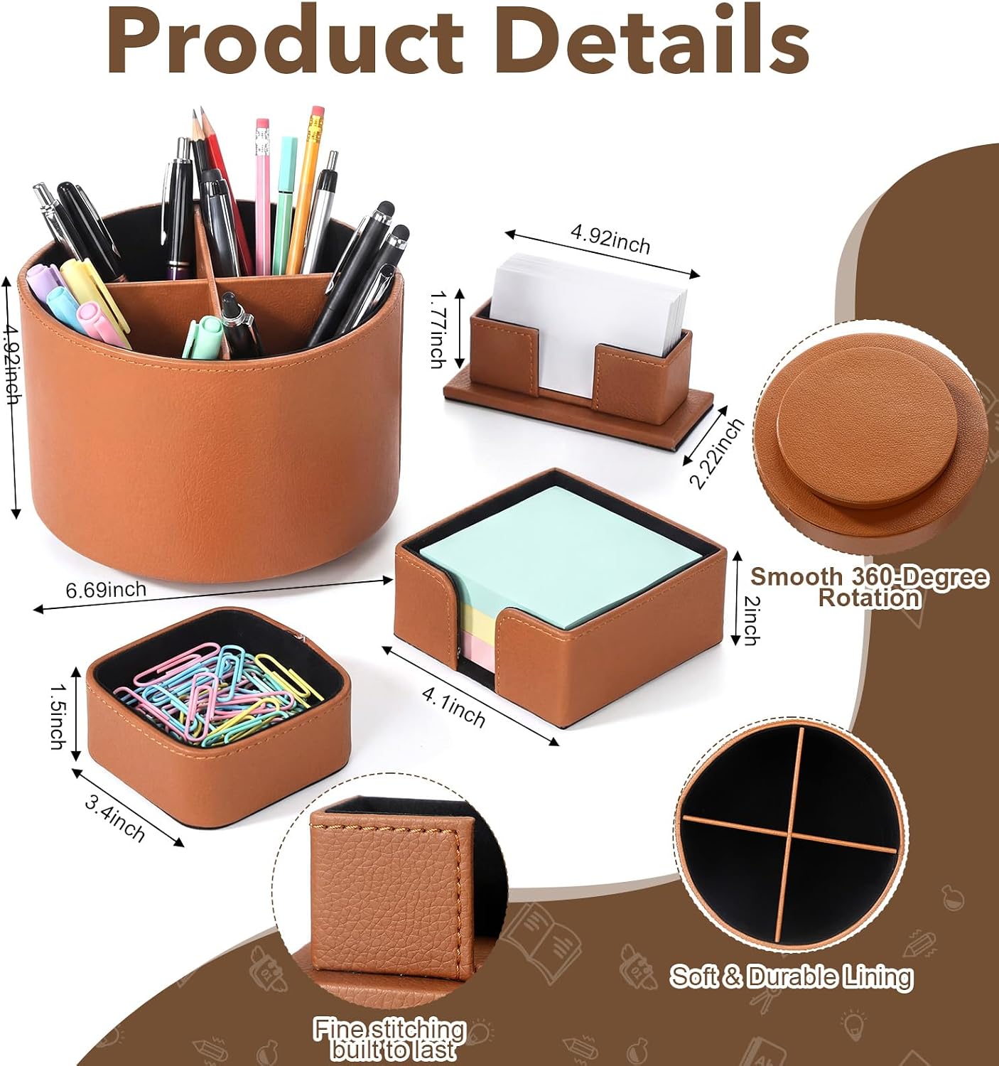 4 Pack Brown Rotating Leather Desk Organizer Set, Multi-Slot Storage for Pens Cards Notes, School Office Gift