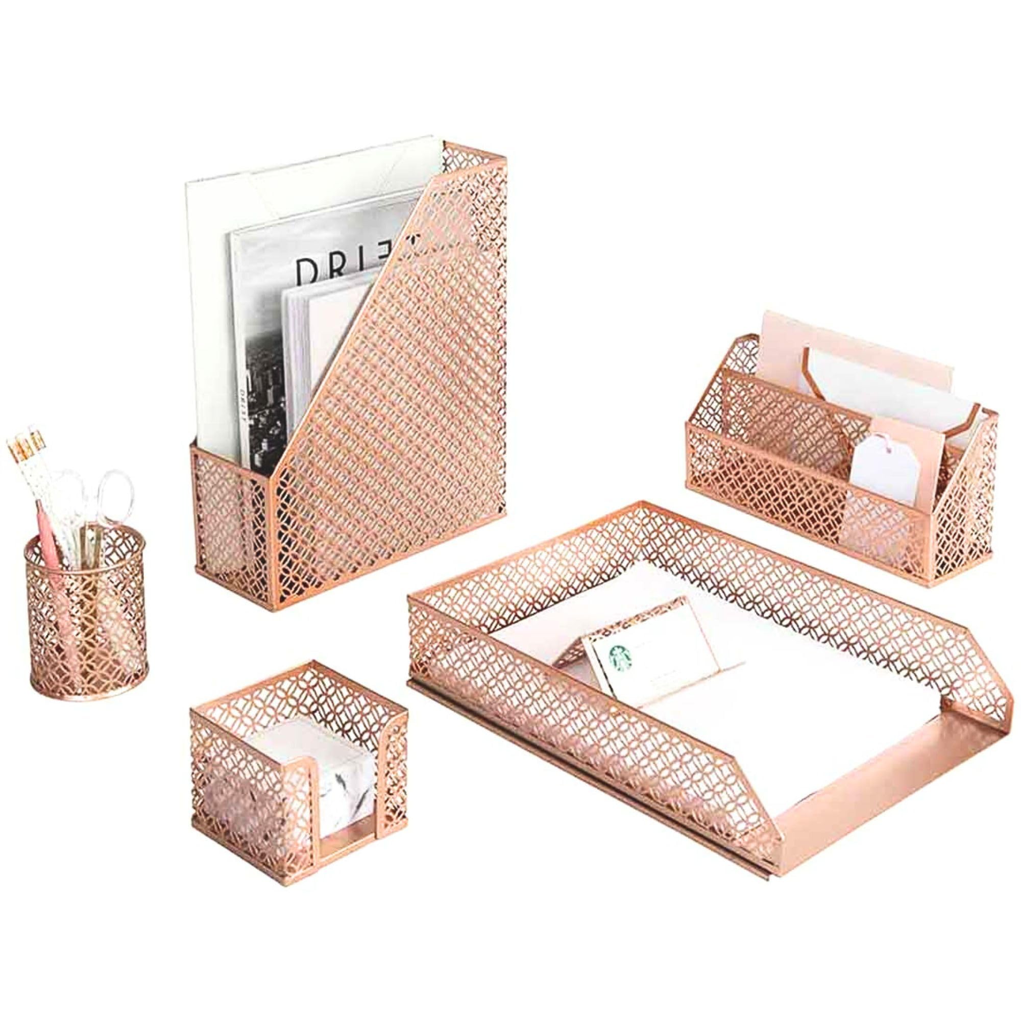 BLU MONACO | Gold Desk Organizer Set with Mail Sorter, Sticky Note Holder, Pen Cup, Magazine Holder, Letter Tray & Business Card Holder | Stylish Desk Accessories for Women & Home Office Décor