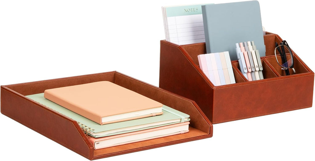 Mind Reader PU Leather Desk Organizer and Letter Tray Set, Stackable Paper Tray, Pen Cup and Card Holder, Brown