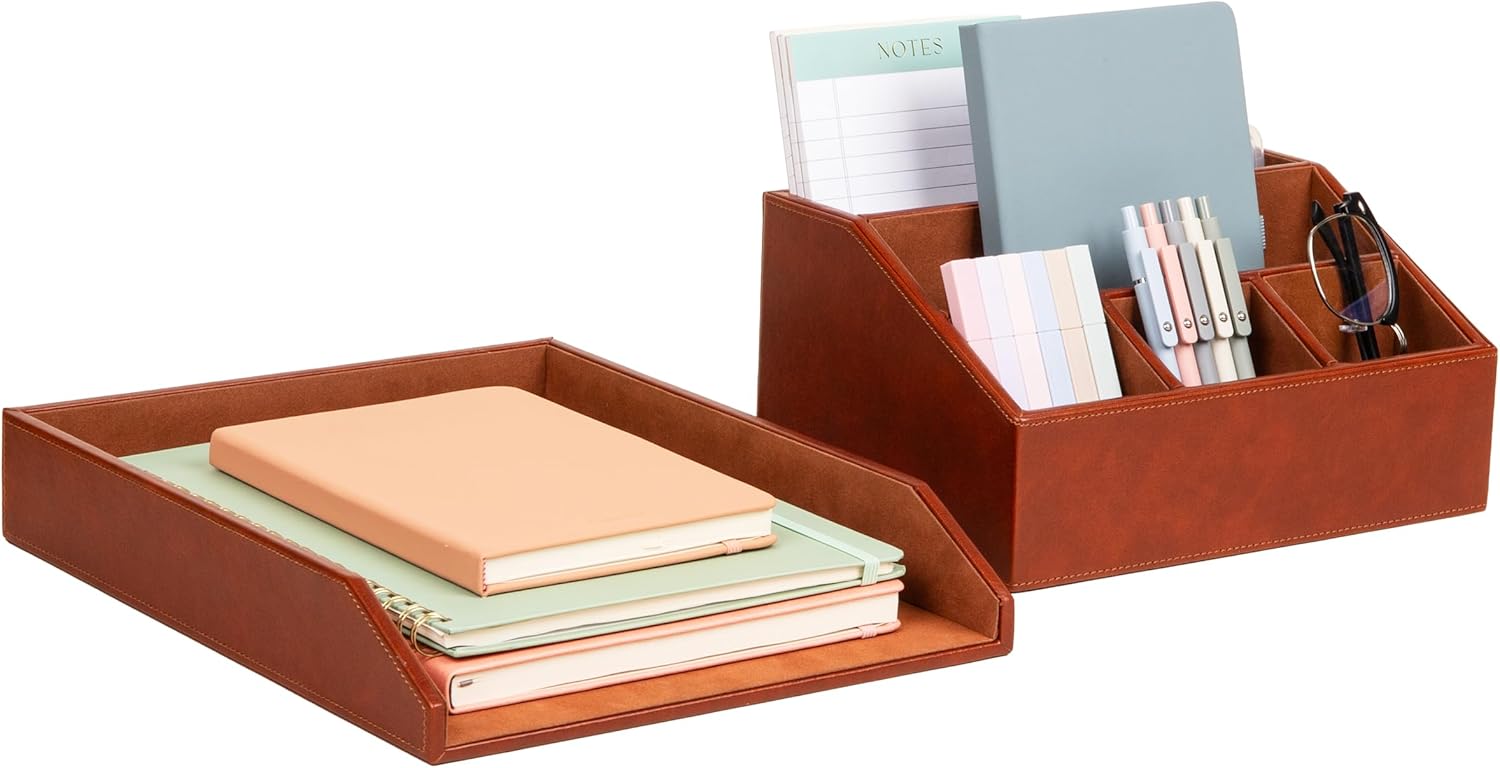 Mind Reader PU Leather Desk Organizer and Letter Tray Set, Stackable Paper Tray, Pen Cup and Card Holder, Brown