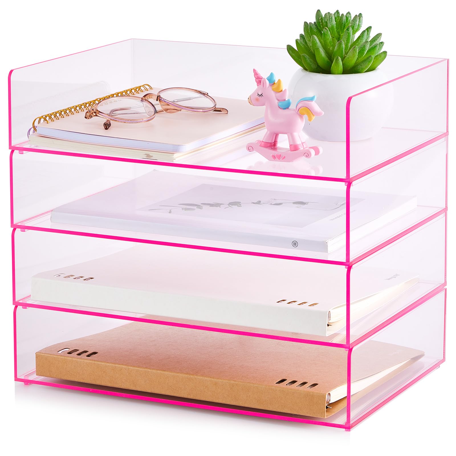 Harloon 4 Tier Paper Organizer Letter Tray Acrylic Desk File Organizer Heavy Duty Stackable Documents Clear Letter Paper Holder Sorter Office Tray for A4, Office Classroom Home File Pad Notebooks