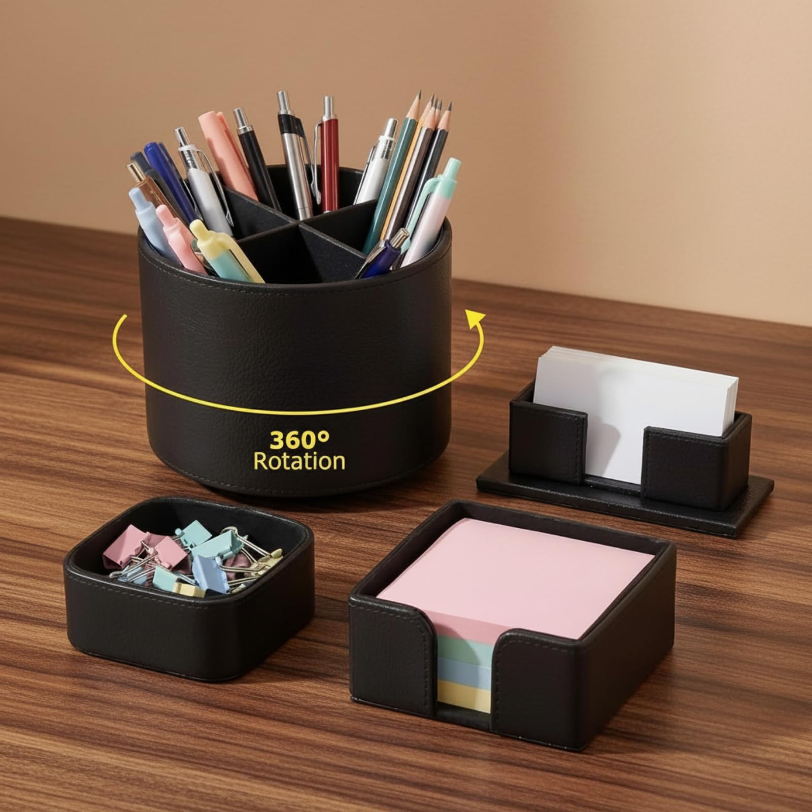 4 Pack Brown Rotating Leather Desk Organizer Set, Multi-Slot Storage for Pens Cards Notes, School Office Gift