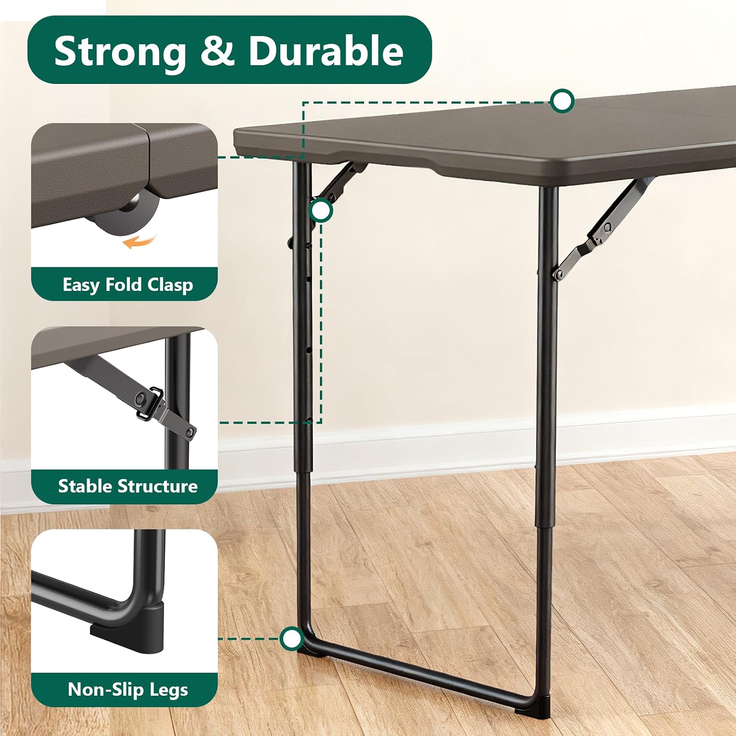 Folding Table, 4FT Foldable Picnic Table with Carrying Handle, Heavy Duty Fold-in-Half Portable Table for Weddings, Camping, RV Travel, Parties, BBQs, and Indoor Use, Easy to Fold and Store, Khaki