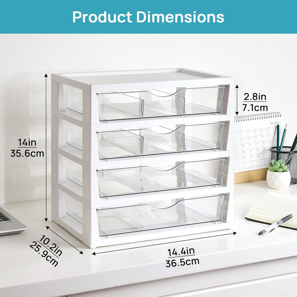Vtopmart Clear Plastic Desk Organizer, 4-Tier Assemble Desktop File Organizer with Drawers, Office Desk Organization for Office Supplies