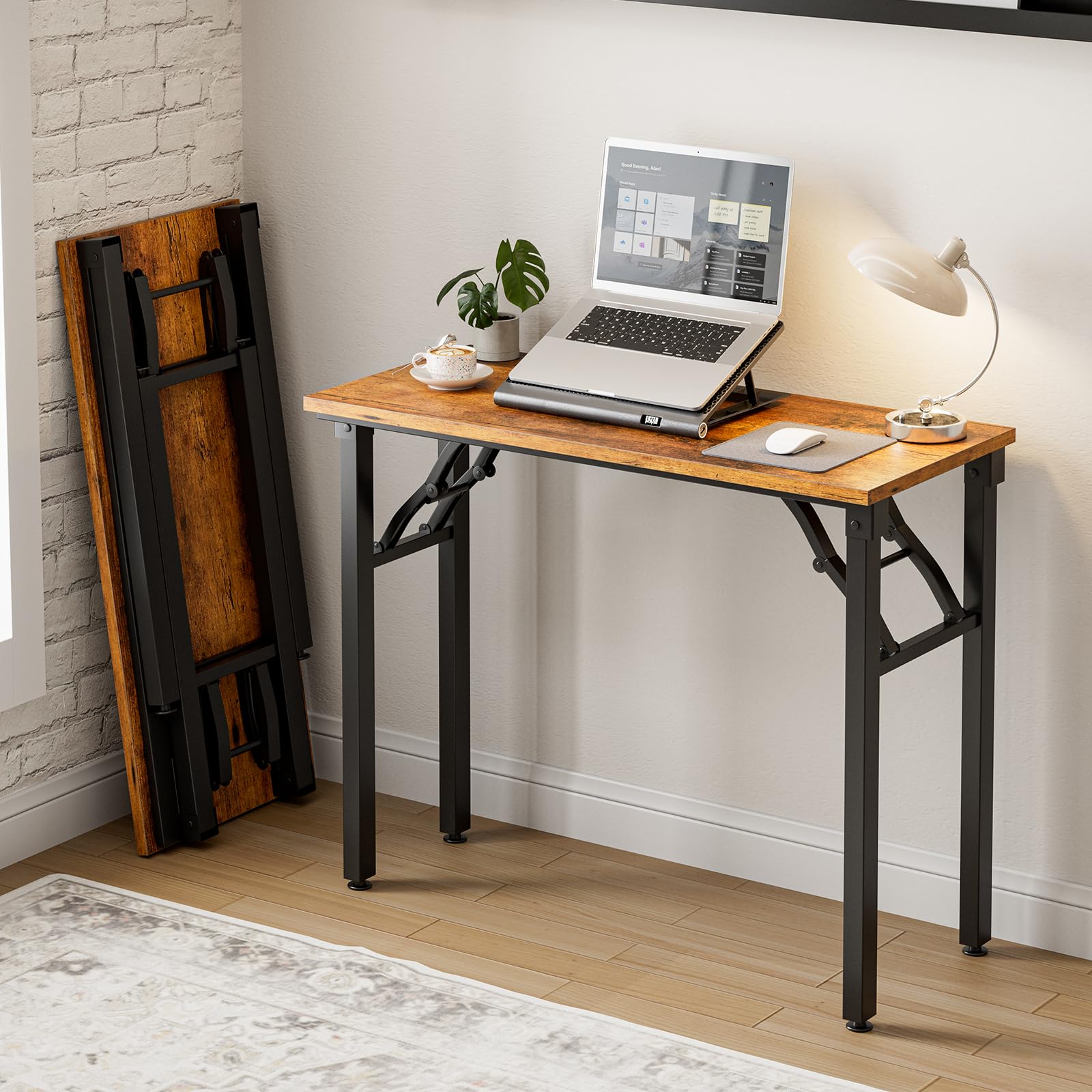 Frylr Small Folding Computer Desk – Portable 35.8 Inch Foldable Laptop Table, No-Assembly, Collapsible and Compact for Easy Storage, Lightweight for Small Spaces, Craft and Study Use, Dark Walnut