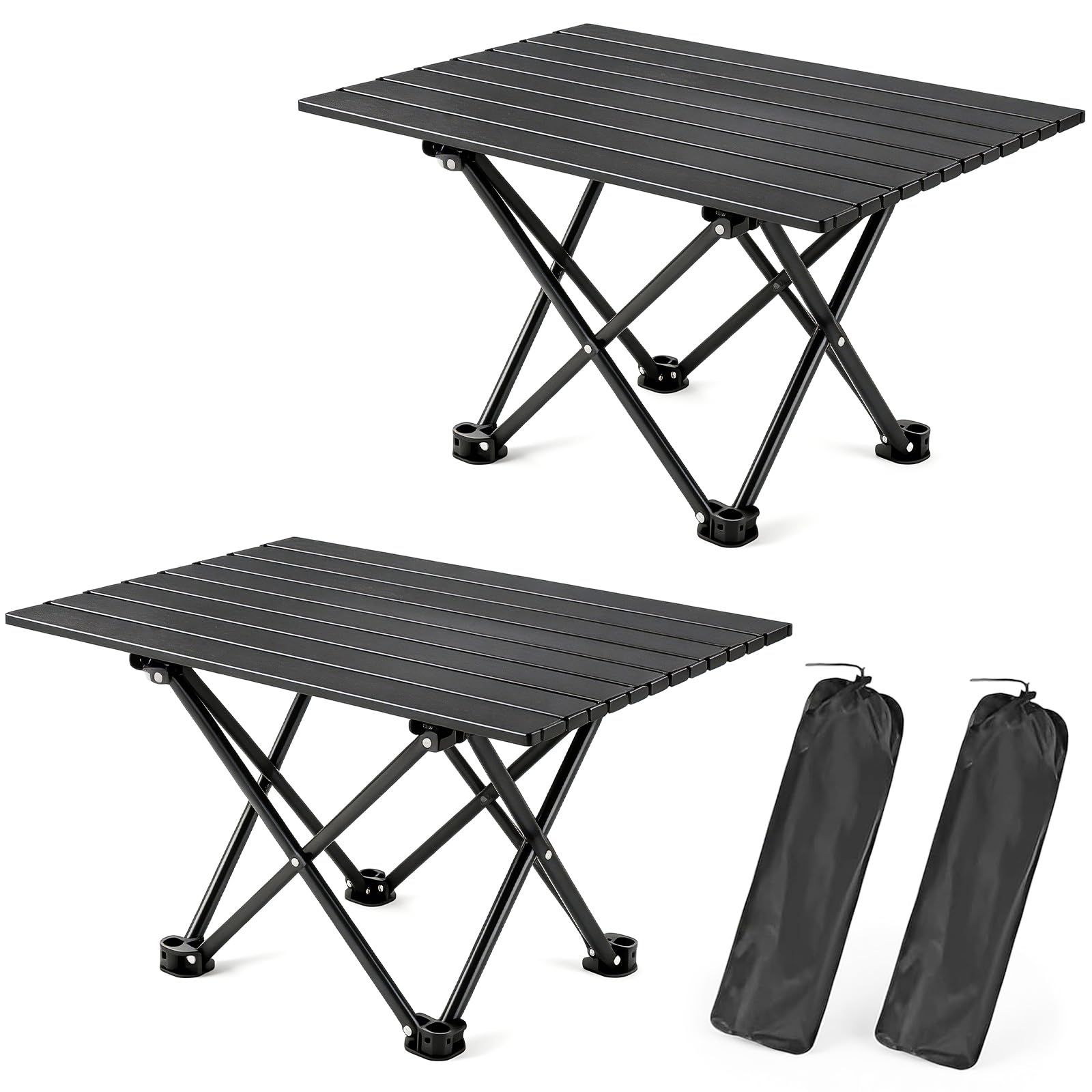 2 Pack Portable Camping Table Foldable, Ultralight Small Folding Beach Table with Carry Bag for Outdoor Travel, Beach, Camp, Picnic, BBQ, Cooking, Festival, Boat, Home Use (Black-S)