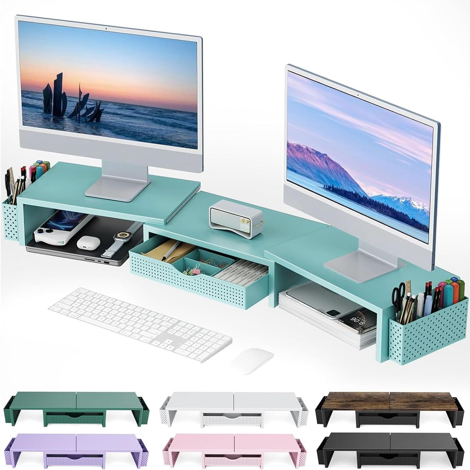 gianotter Dual Monitor Stand Riser, Desk Organizer With Drawer and 2 Pen Holders,Desk Organizers and Accessories, Pink Office Supplies (Pink)