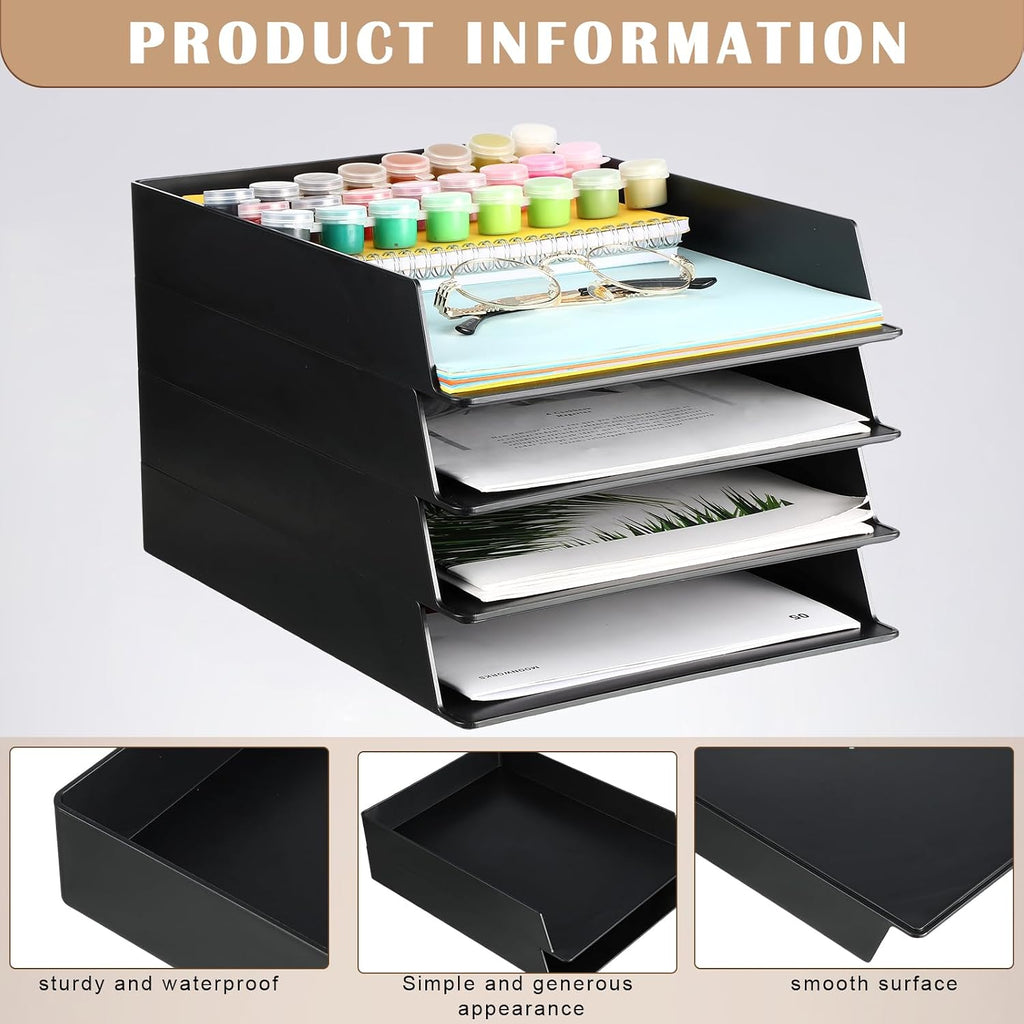 Wenqik 12 Pcs Stackable Paper Trays Rectangular Plastic Desk Holder Desktop Document File Organizer Storage Letter for Office Classroom (Black)