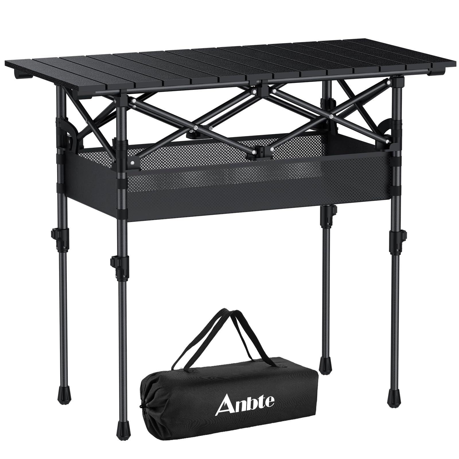 Anbte 3ft Aluminum Roll Top Camping Table, 2 Adjustable Height Camping Table Folding with Storage Net & Bag Lightweight Roll Up Table for Tailgate Outdoor Backyard BBQ Patio Picnic, 32.2” X 16”, Black