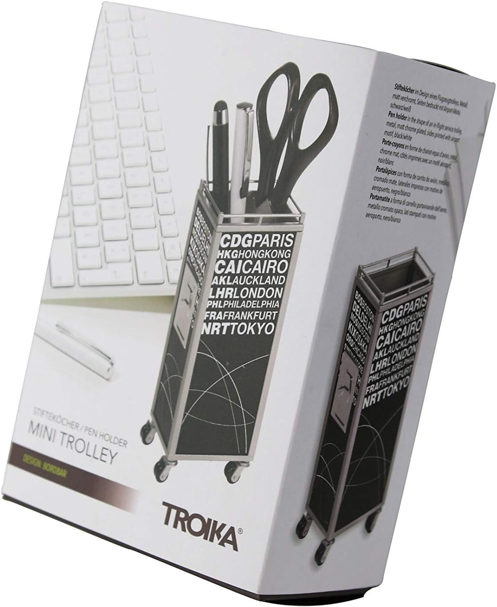 Troika MINI TROLLEY – PHO07/BK – Pen holder in the shape of an in-flight service trolley – sides printed with airport motif – metal– matt – chrome plated – black, white original