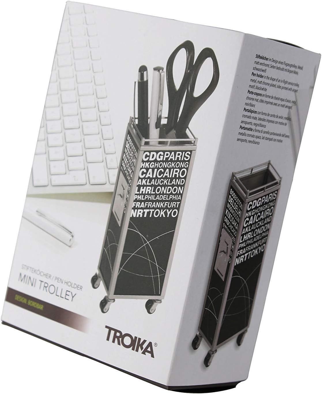 Troika MINI TROLLEY – PHO07/BK – Pen holder in the shape of an in-flight service trolley – sides printed with airport motif – metal– matt – chrome plated – black, white original
