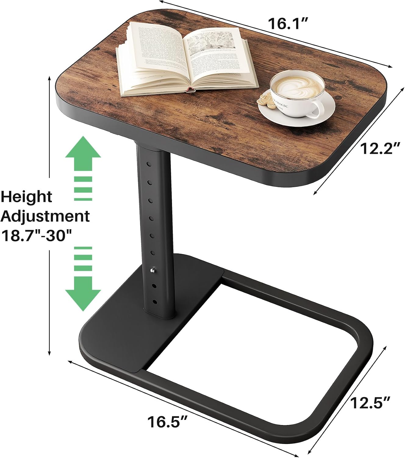 Adjustable Flip-Top C-Shaped TV Tray Table with Safe Metal Corners, Sofa Bed Side Table for Laptops & Meals