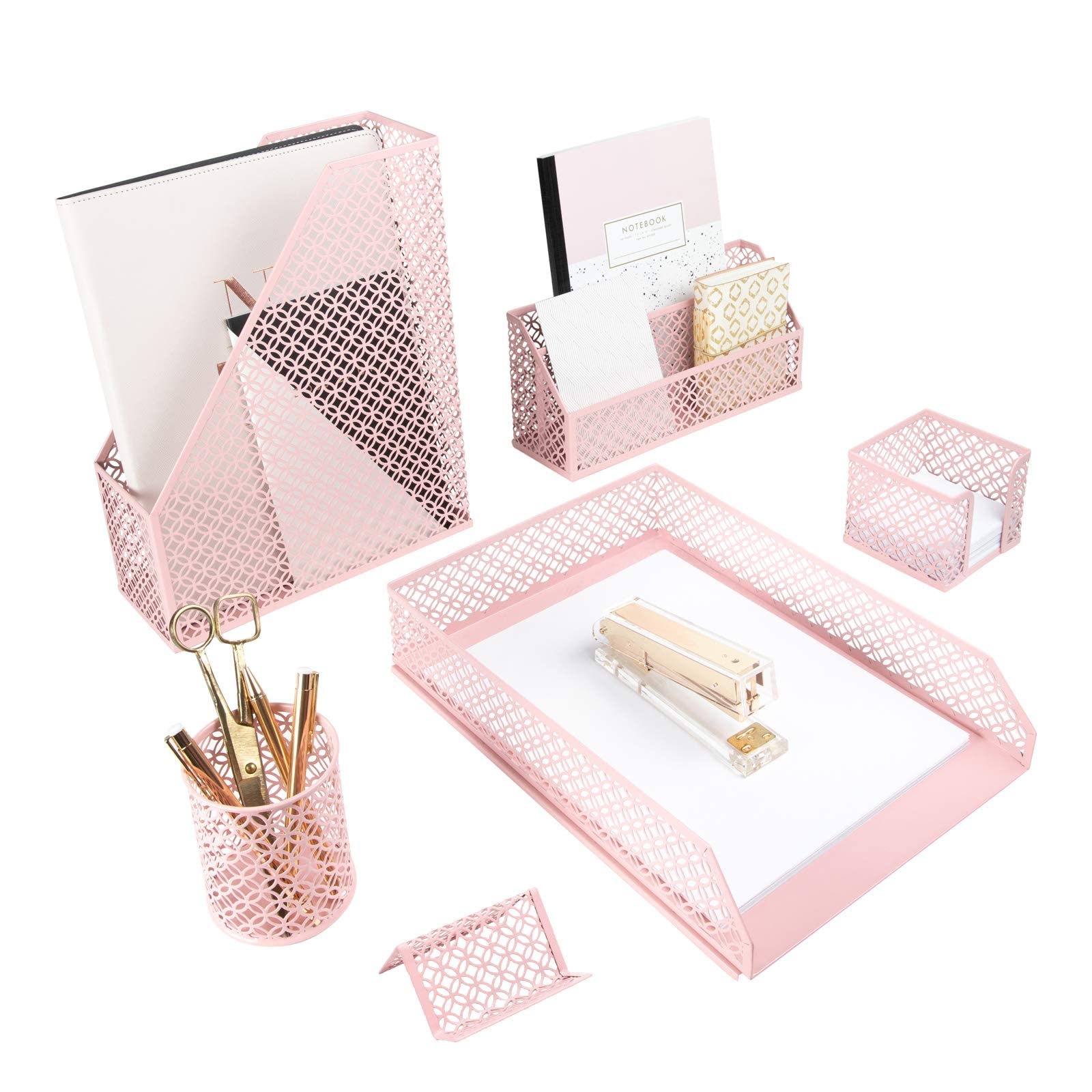 BLU MONACO | Gold Desk Organizer Set with Mail Sorter, Sticky Note Holder, Pen Cup, Magazine Holder, Letter Tray & Business Card Holder | Stylish Desk Accessories for Women & Home Office Décor