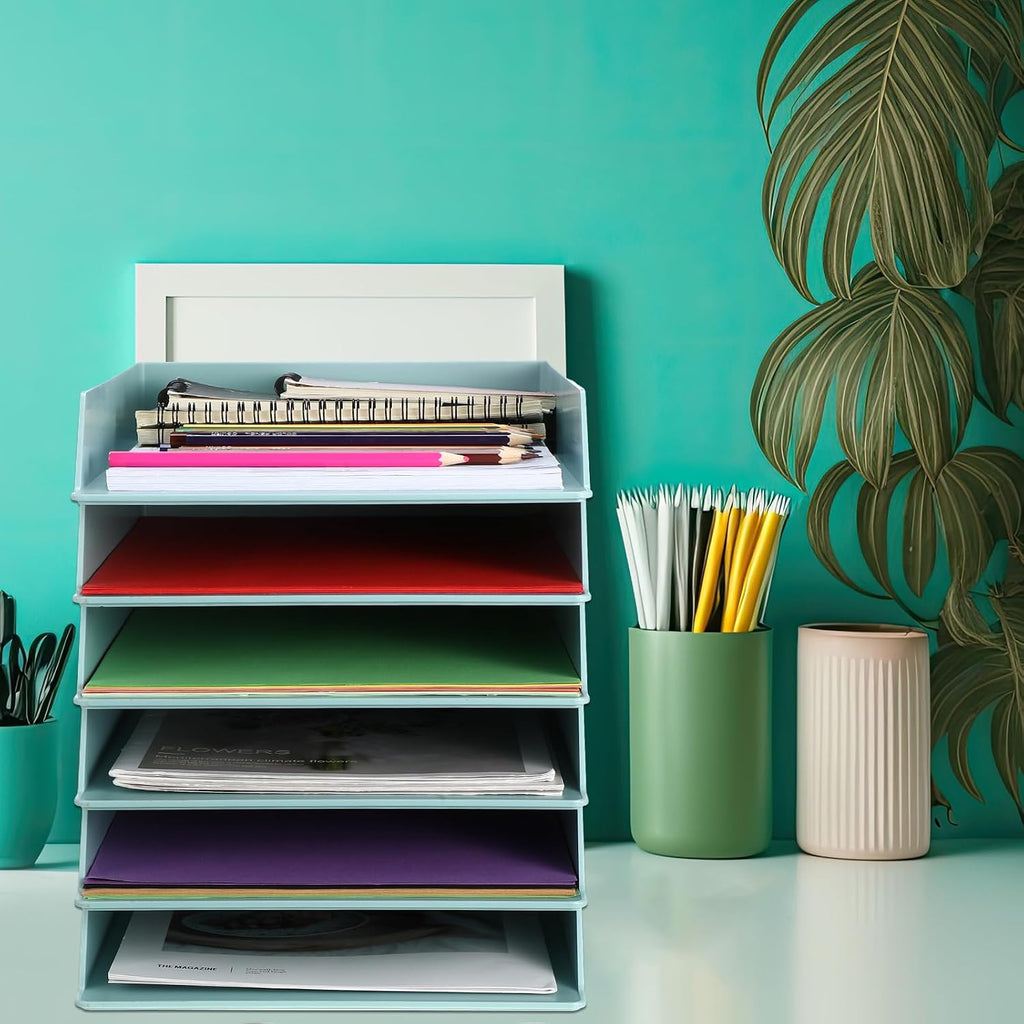 Tatuo 8 Pack Stackable Paper Trays Plastic Letter Tray Desk Organizer Paper Holder Organizer Storage Office Desk Accessories for Classroom Magazine File Documents 12.8 x 9.45 x 1.97, Blue Green
