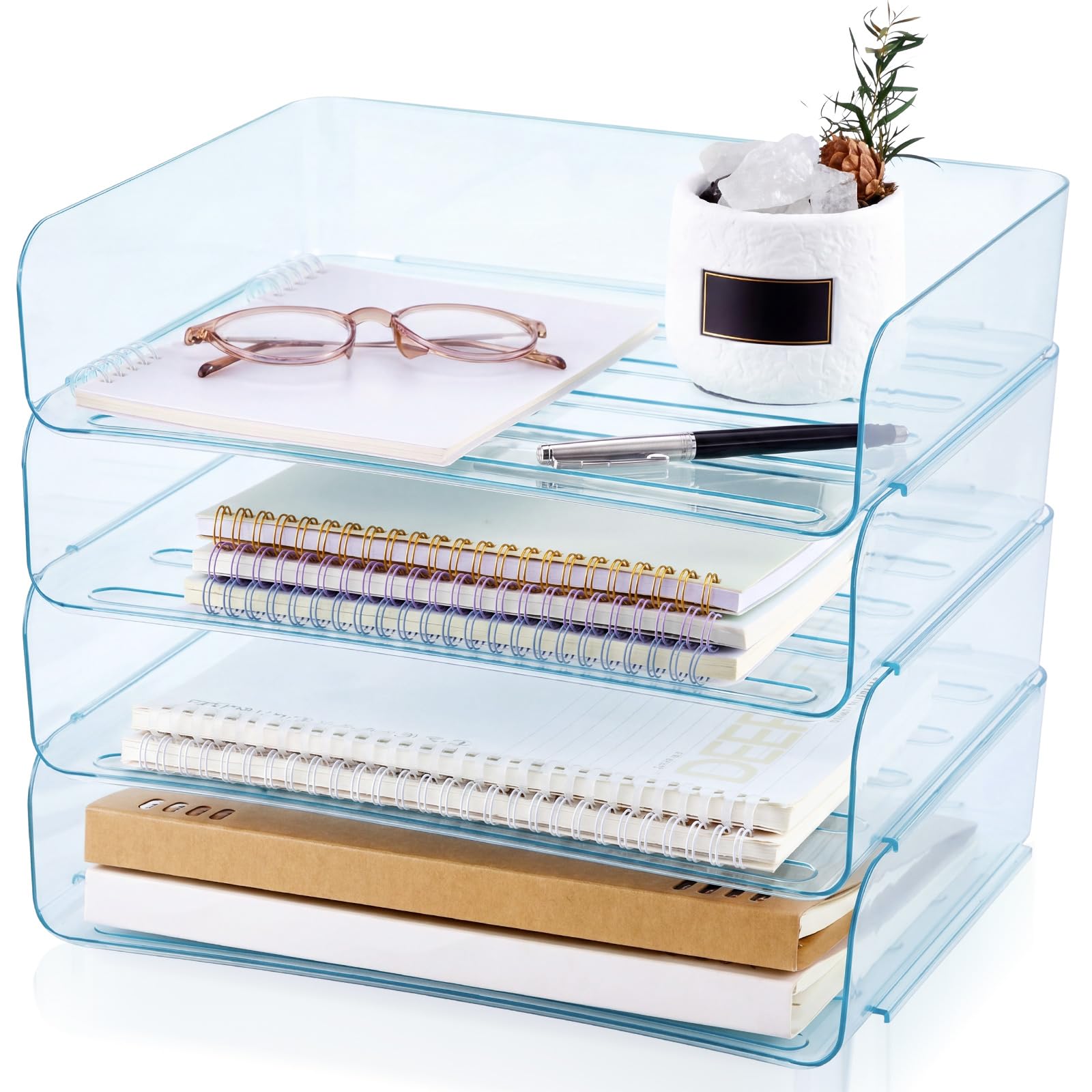 Harloon 4 Tier Paper Organizer Letter Tray Acrylic Desk File Organizer Heavy Duty Stackable Documents Clear Letter Paper Holder Sorter Office Tray for A4, Office Classroom Home File Pad Notebooks