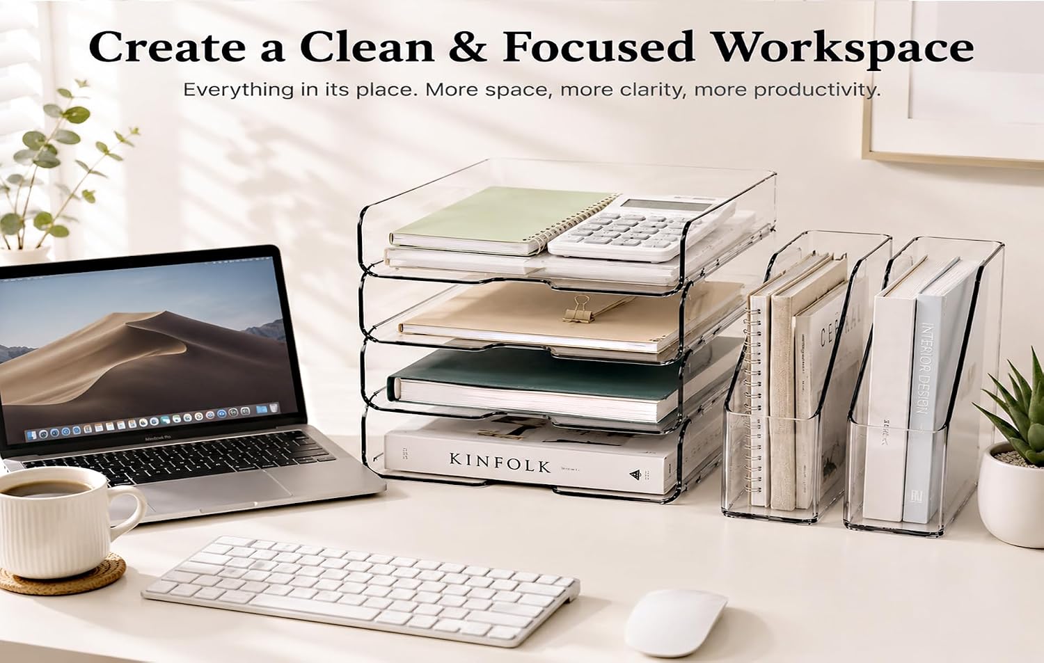 DCA Clear Acrylic Desk Organizer Set, 4 Tier Letter Tray with 2 Magazine File Holders, Clear Paper Organizer for Office, Home, School, Desktop File Storage for Documents, Books & Supplies