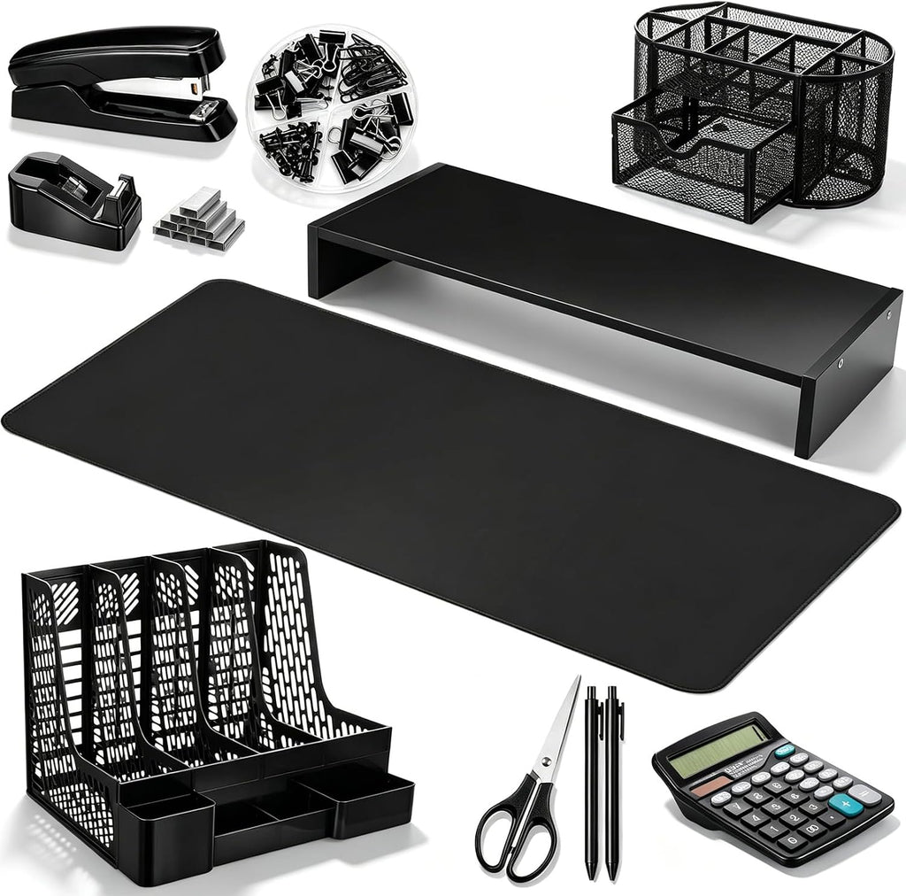 Glenmal Desk Organizer Set 12-Piece Office Desktop Accessories with Monitor Stand Desk Pad File Holder Pen Cup Etc