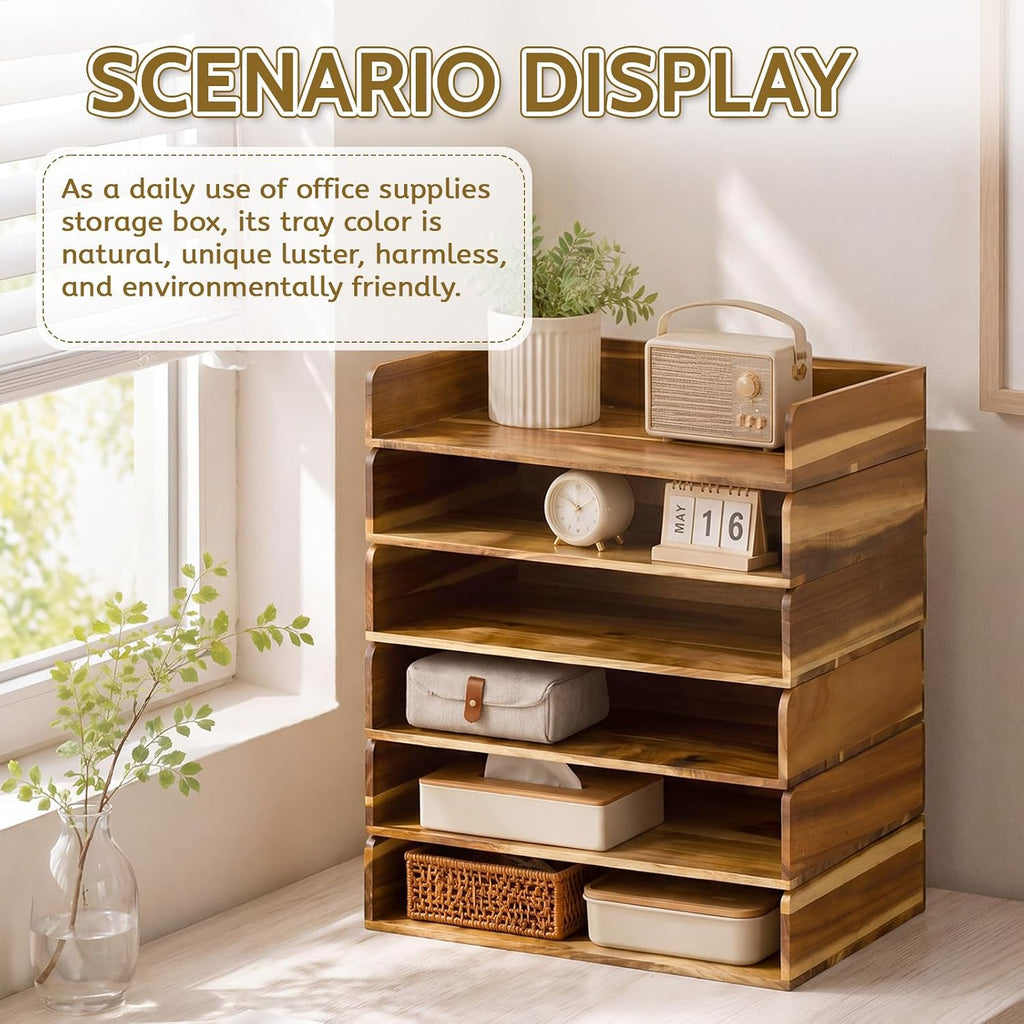 Novabright 6 Pack Acacia Wood Stackable Letter Trays, Desktop File Document Organizer for Office