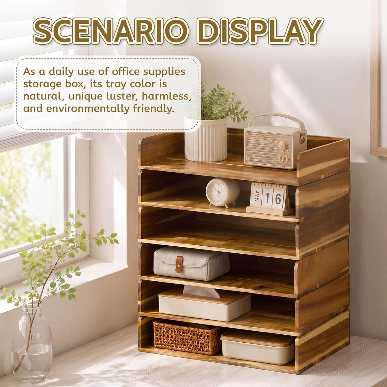 Novabright 6 Pack Acacia Wood Stackable Letter Trays, Desktop File Document Organizer for Office