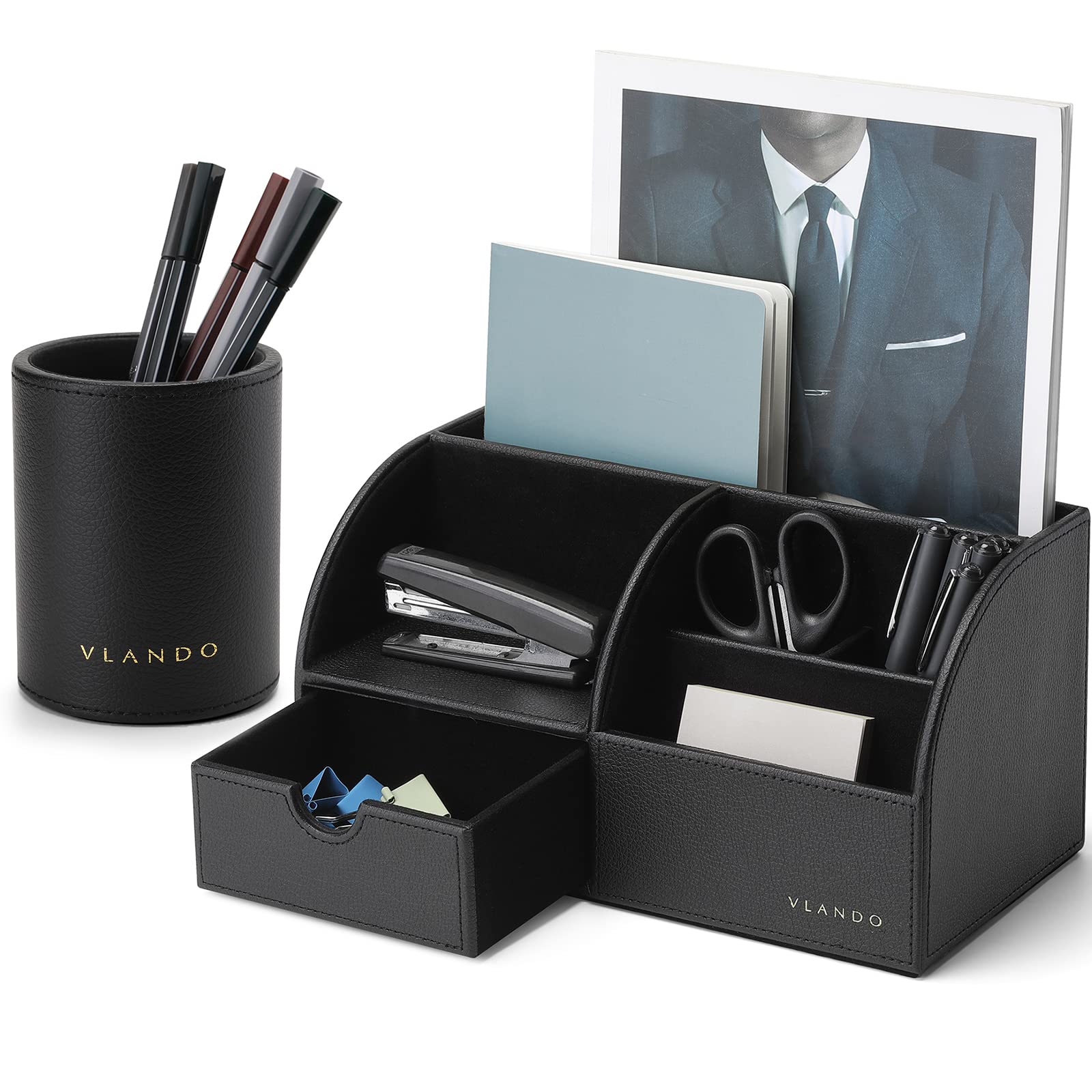 VLANDO Office Desk Organizer Leather Desktop Organizer Caddy with Drawer for Storing Desktop Supplies and Accessories (Grey Set)
