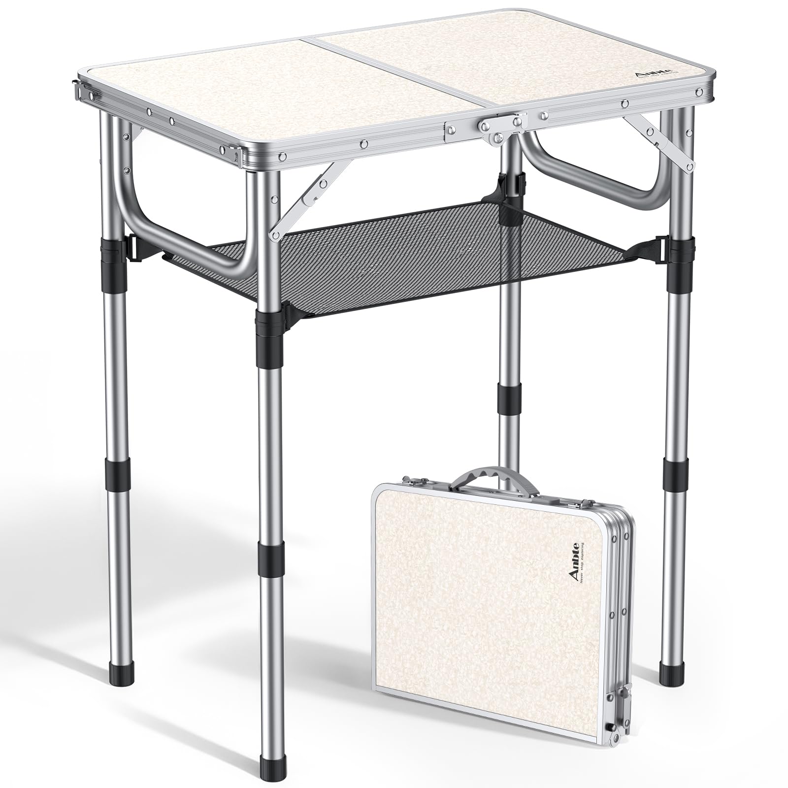 Anbte Folding Camping Table, Aluminum 24" x 16" Adjustable Height Small Folding Table with Carrying Handle, Lightweight, Portable Camping Table Waterproof for Outdoor Indoor Picnic Beach BBQ (Black)