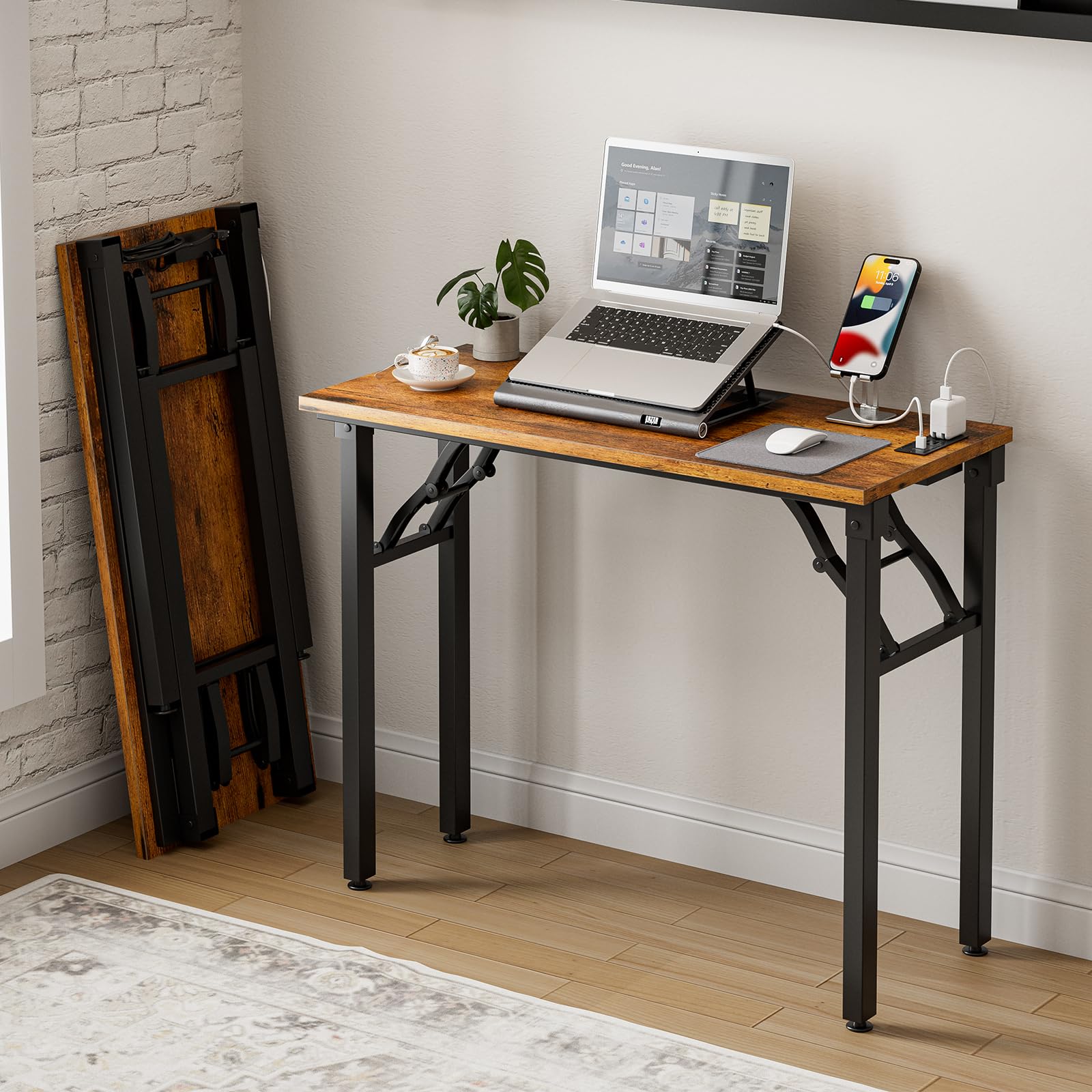 Frylr Small Folding Computer Desk – Portable 35.8 Inch Foldable Laptop Table, No-Assembly, Collapsible and Compact for Easy Storage, Lightweight for Small Spaces, Craft and Study Use, Dark Walnut